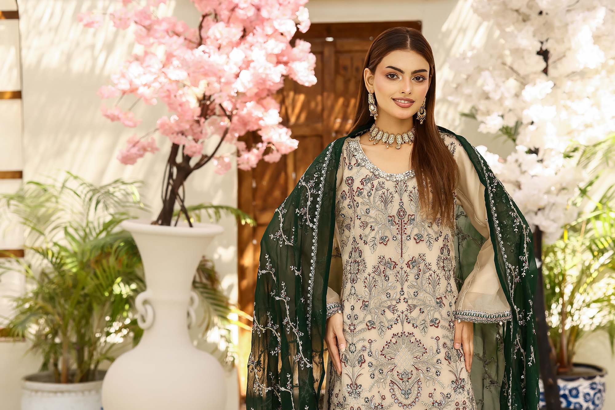 LA Bella Skin Special - Embroidered Ensemble with Forest Emerald Dupatta