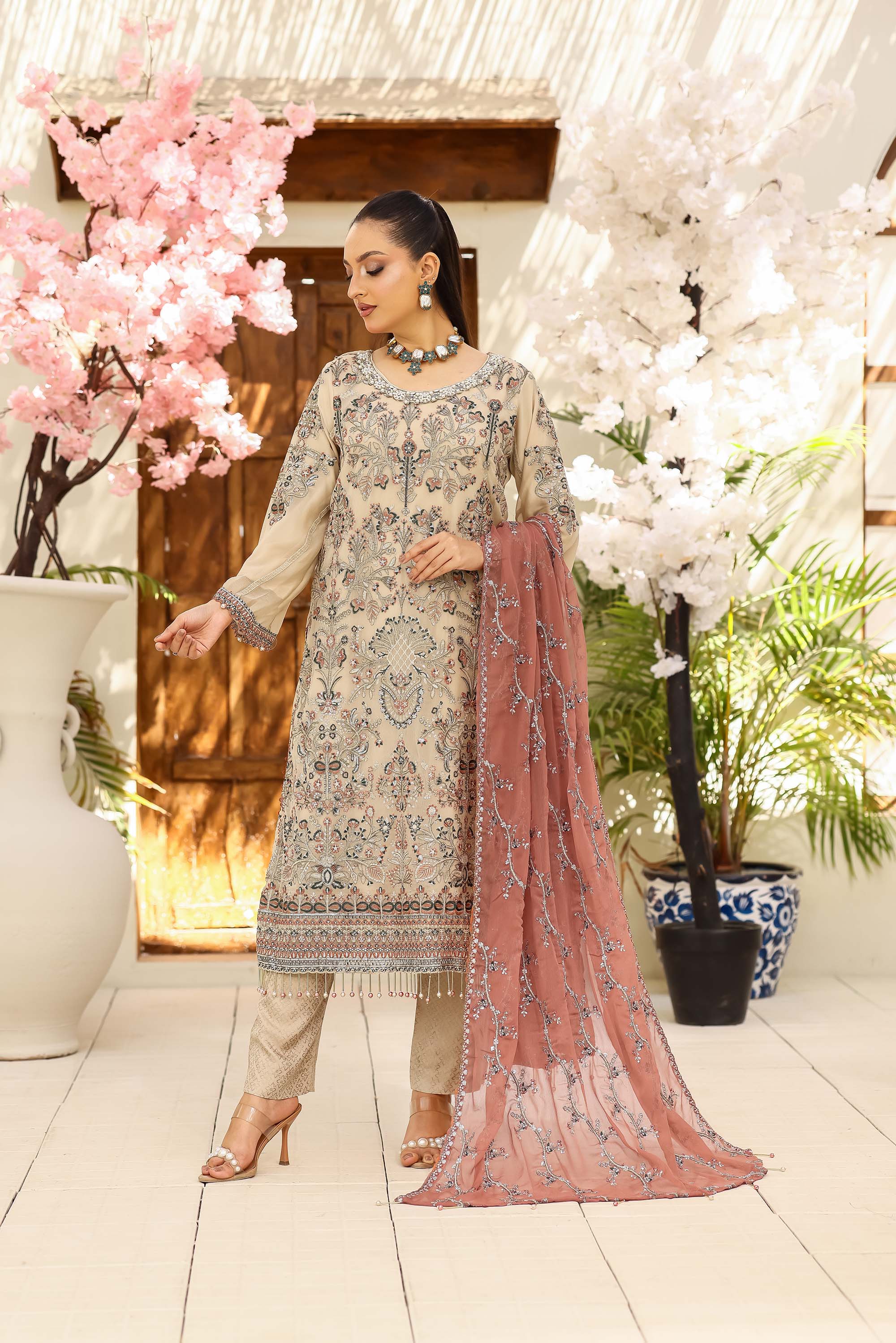 LA Bella Skin Special - Embroidered Ensemble with Dusty Rose Dupatta