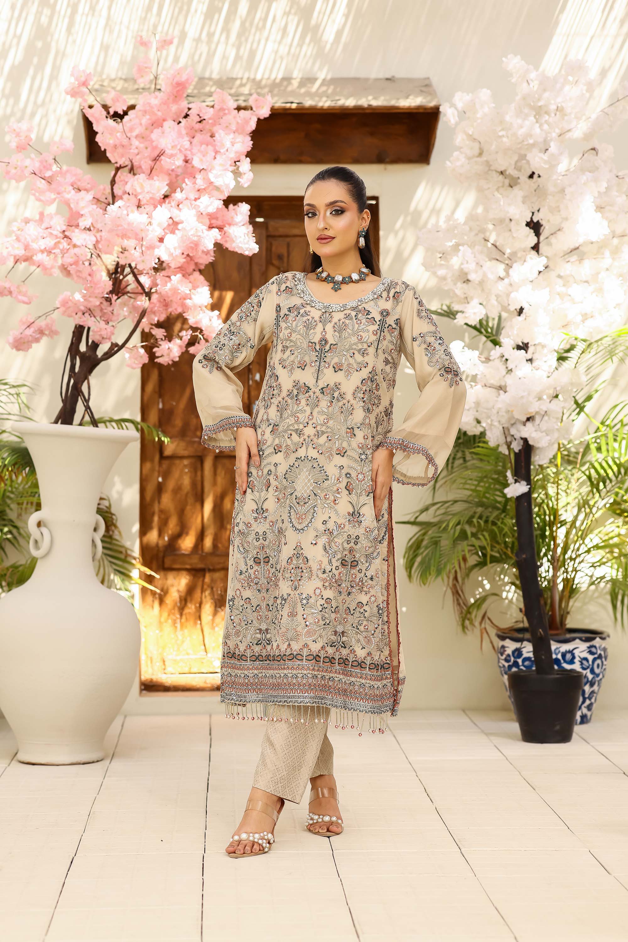 LA Bella Skin Special - Embroidered Ensemble with Dusty Rose Dupatta