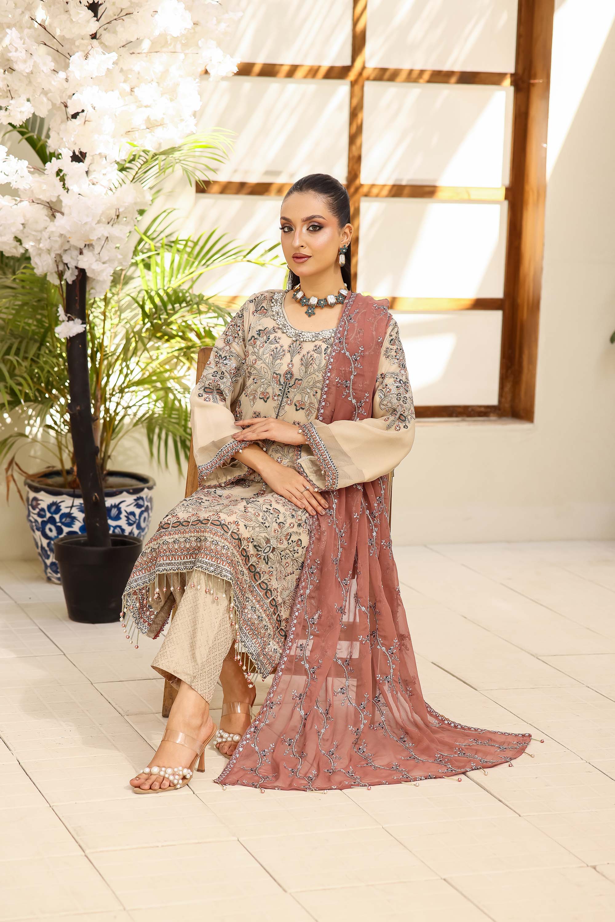 LA Bella Skin Special - Embroidered Ensemble with Dusty Rose Dupatta
