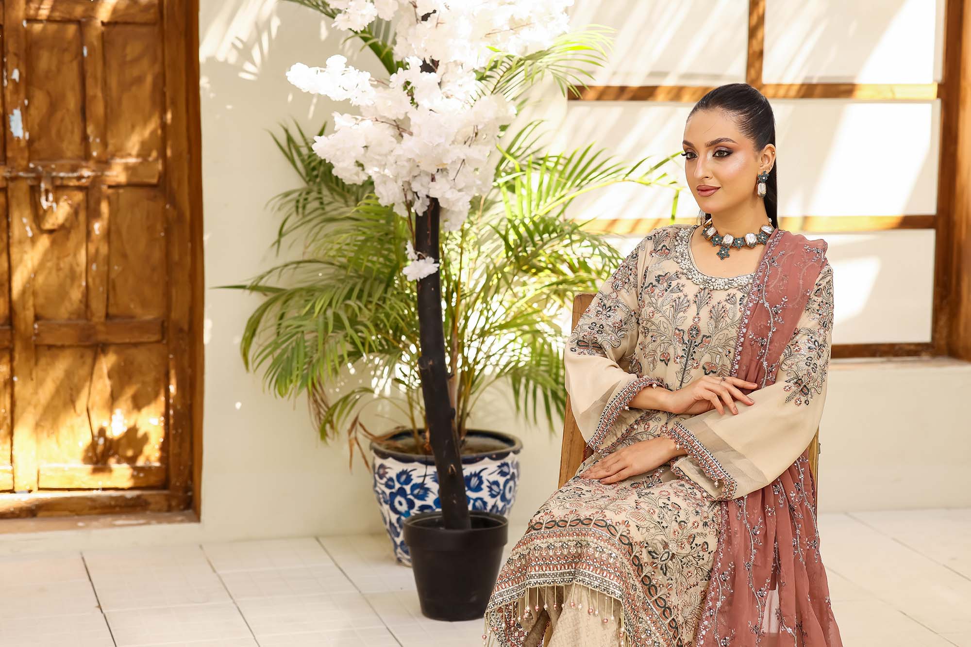 LA Bella Skin Special - Embroidered Ensemble with Dusty Rose Dupatta