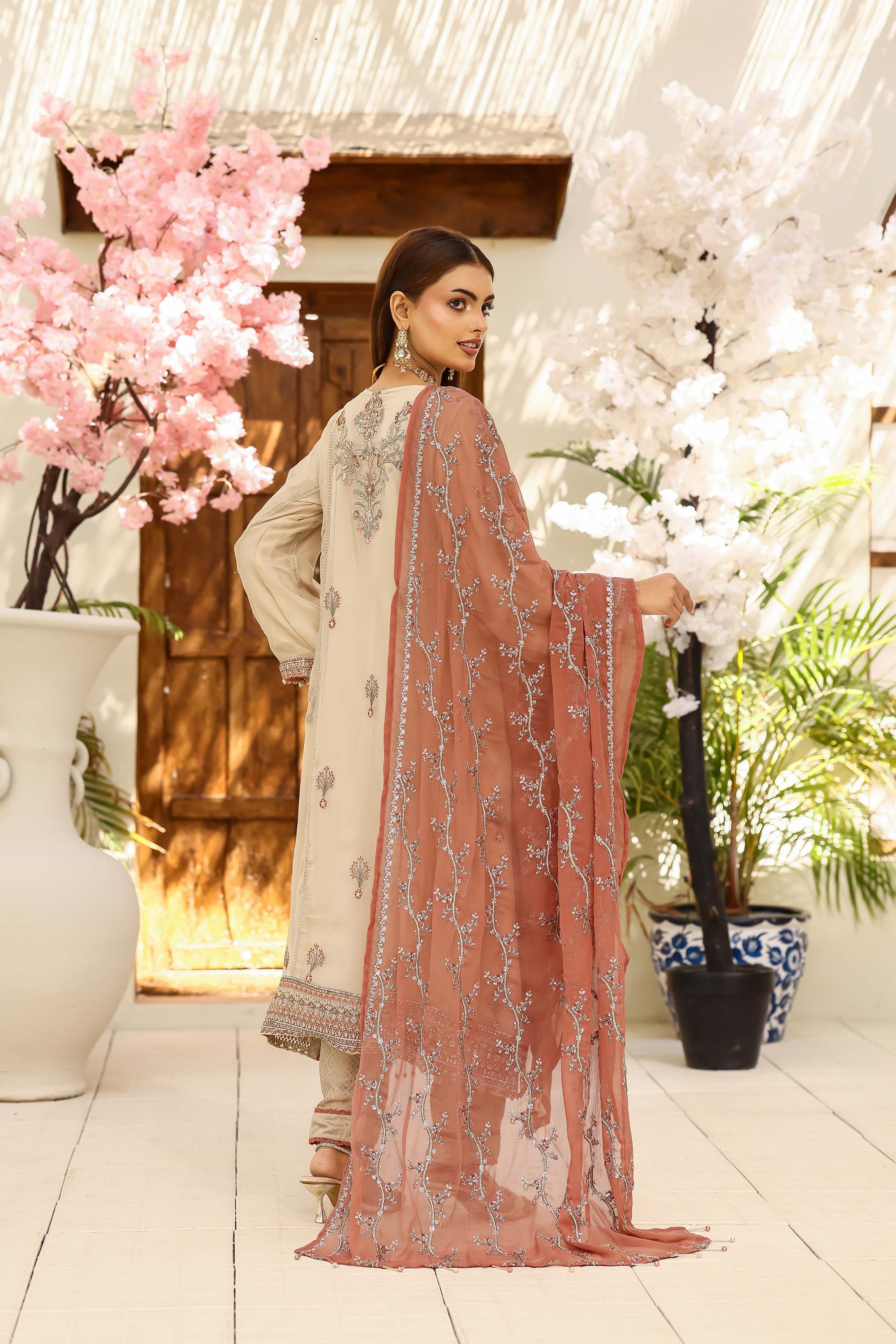 LA Bella Skin Special - Embroidered Ensemble with Terracotta Rust Dupatta