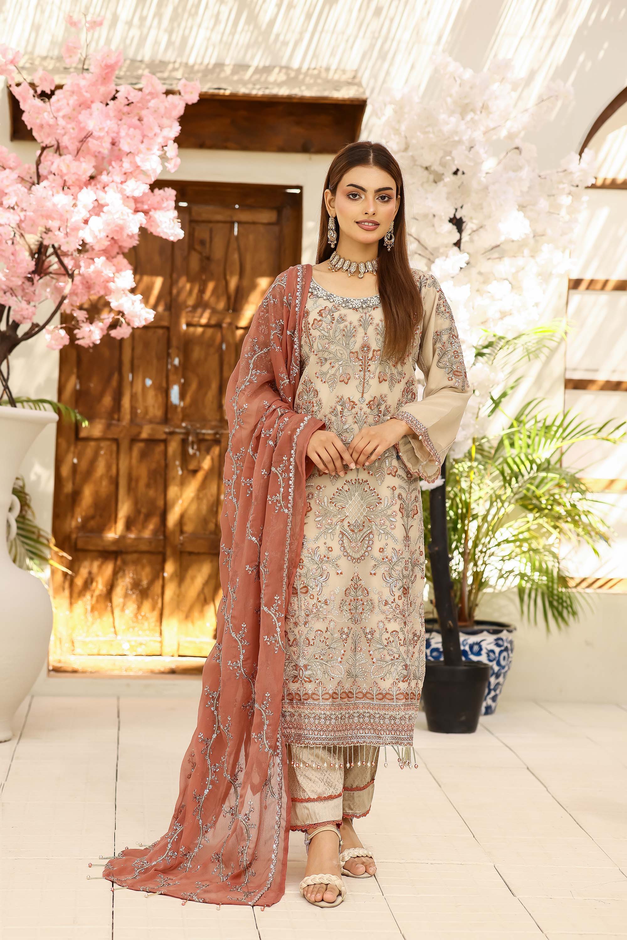 LA Bella Skin Special - Embroidered Ensemble with Terracotta Rust Dupatta