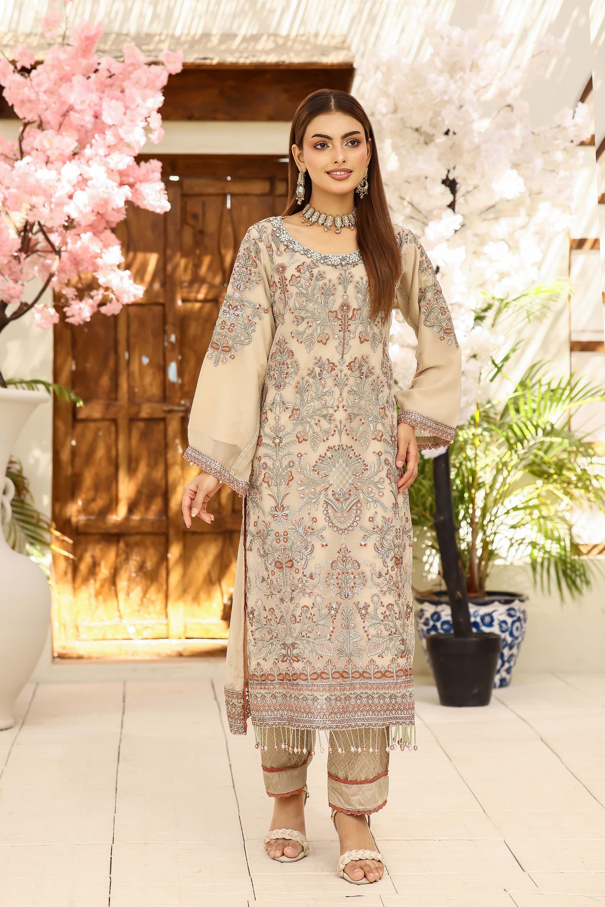LA Bella Skin Special - Embroidered Ensemble with Terracotta Rust Dupatta