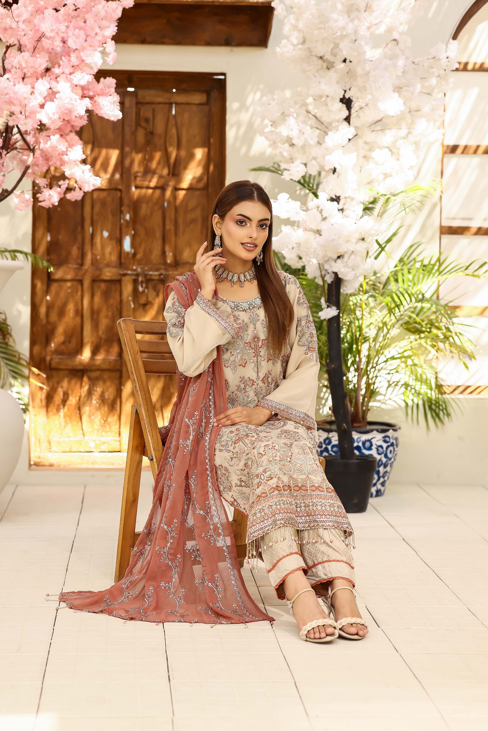 LA Bella Skin Special - Embroidered Ensemble with Terracotta Rust Dupatta