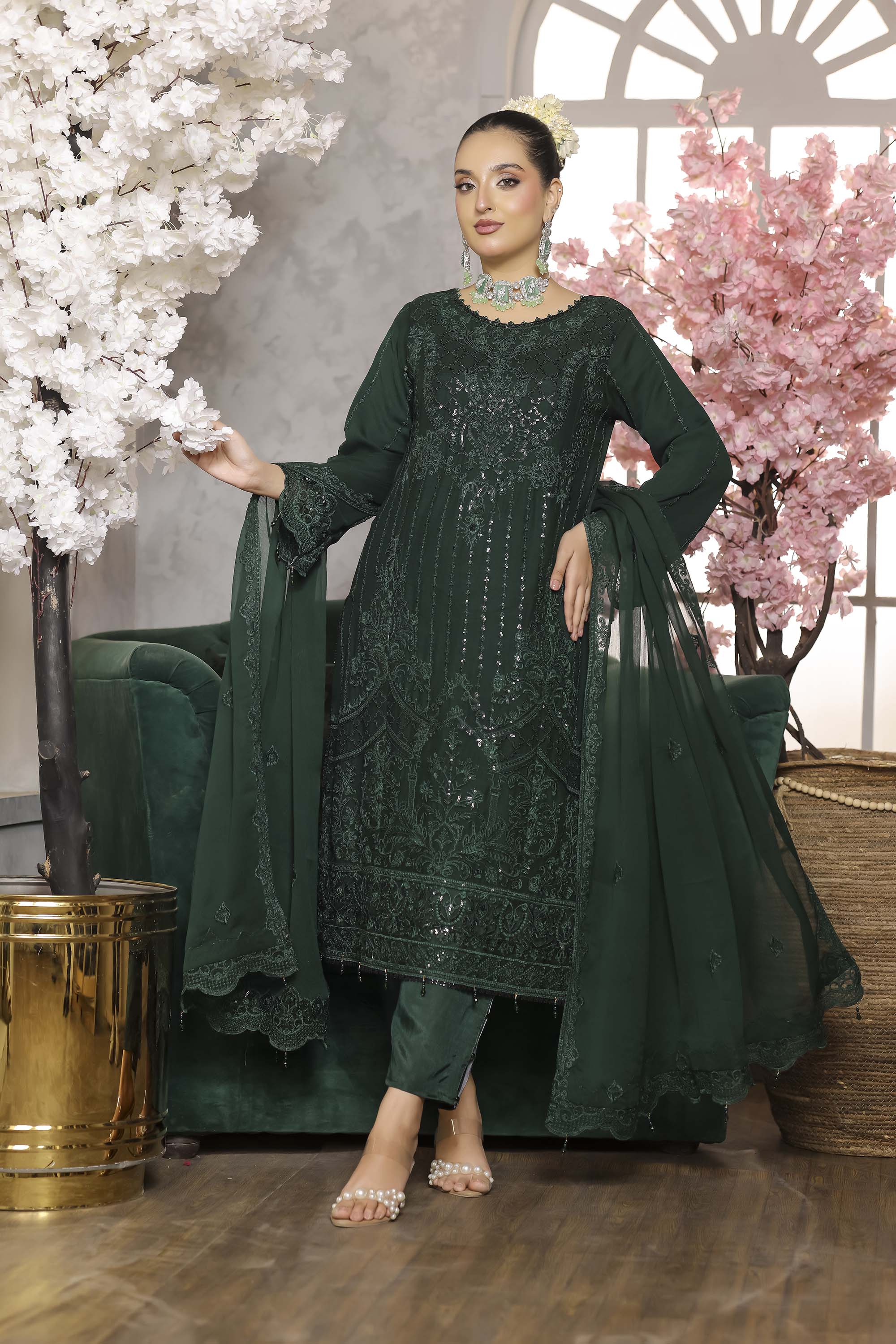 Paris Silk | Embroidered Chiffon Suit – Emerald Forest