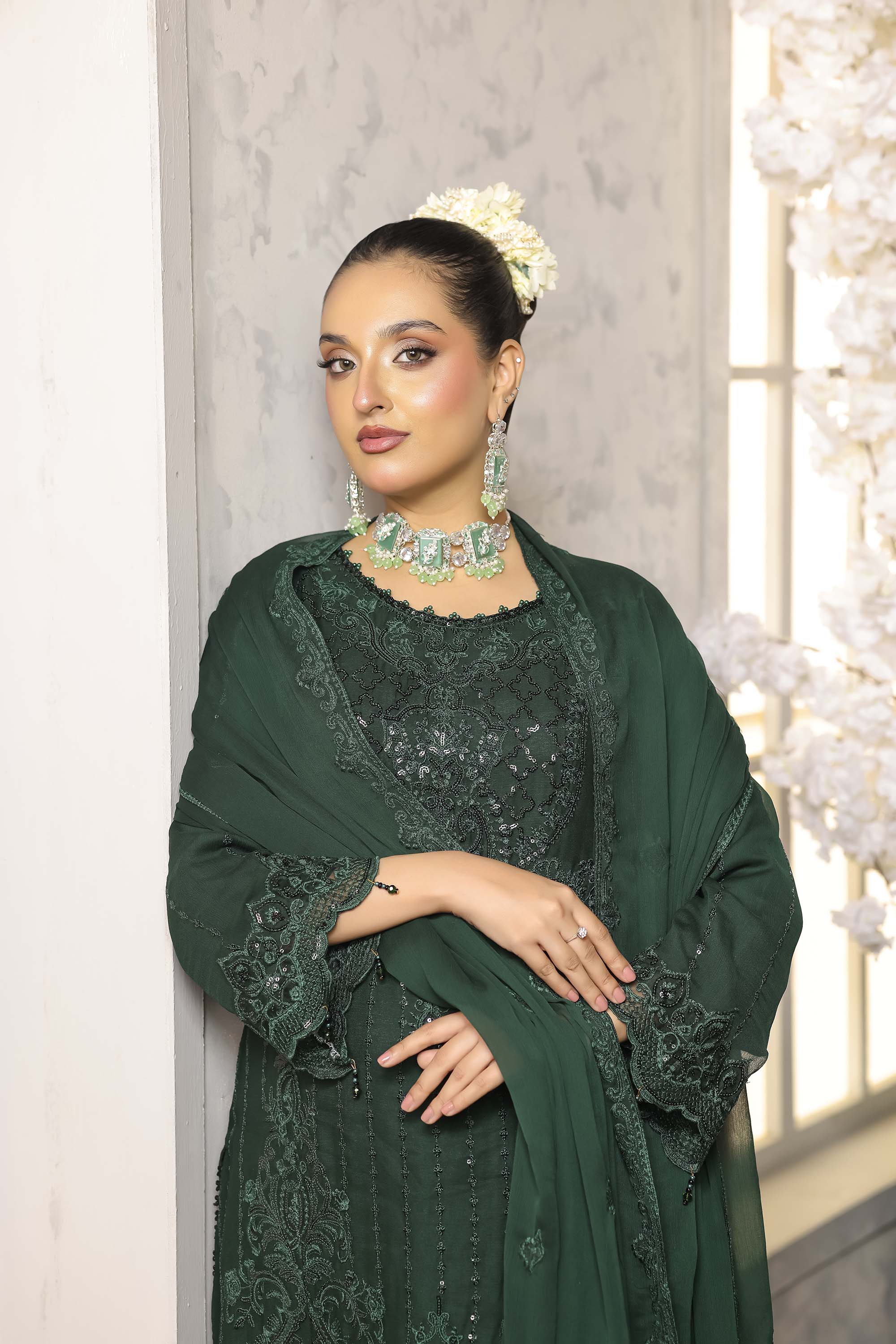 Paris Silk | Embroidered Chiffon Suit – Emerald Forest
