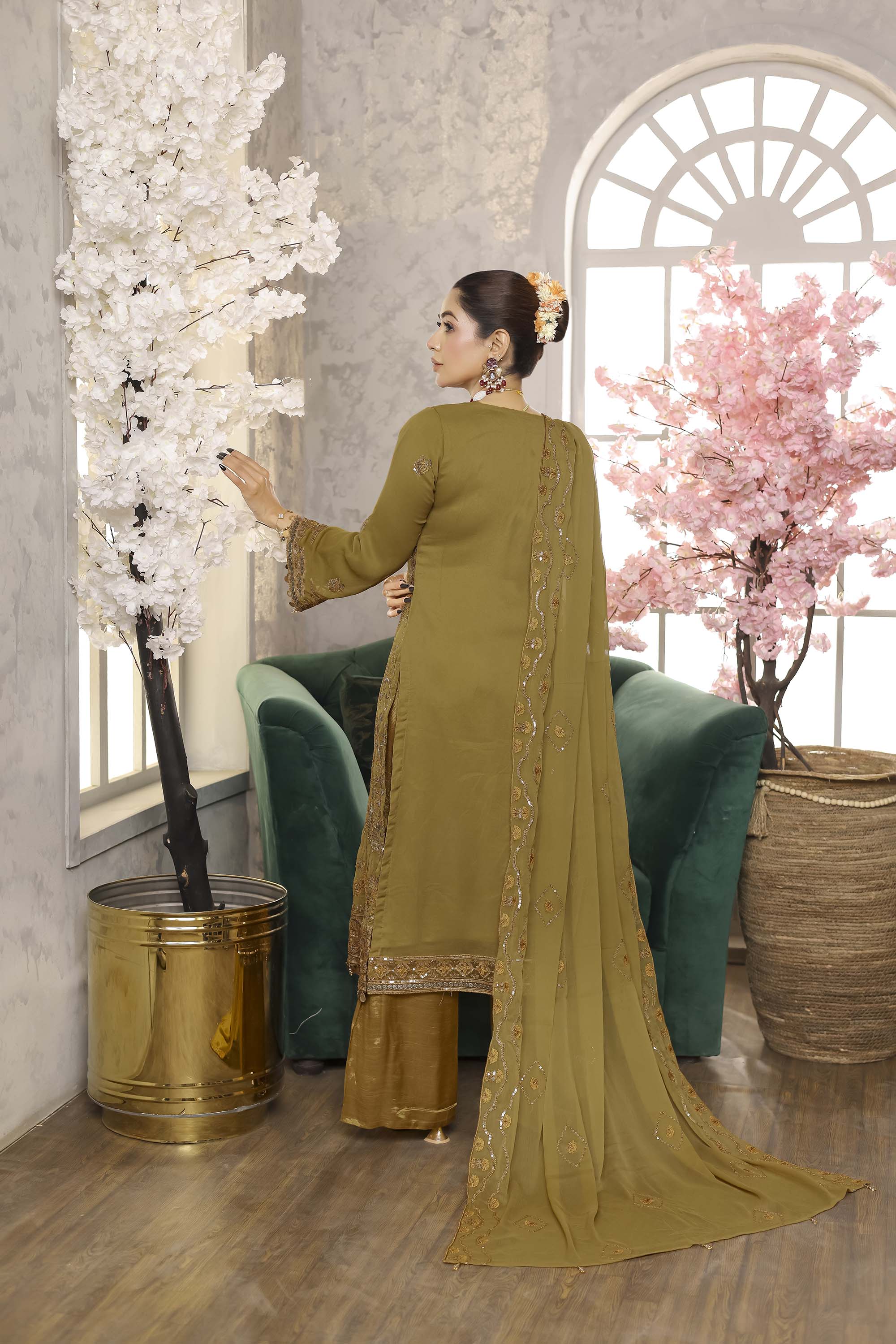 Naura - Earthy Olive & Gold Embroidered Suit