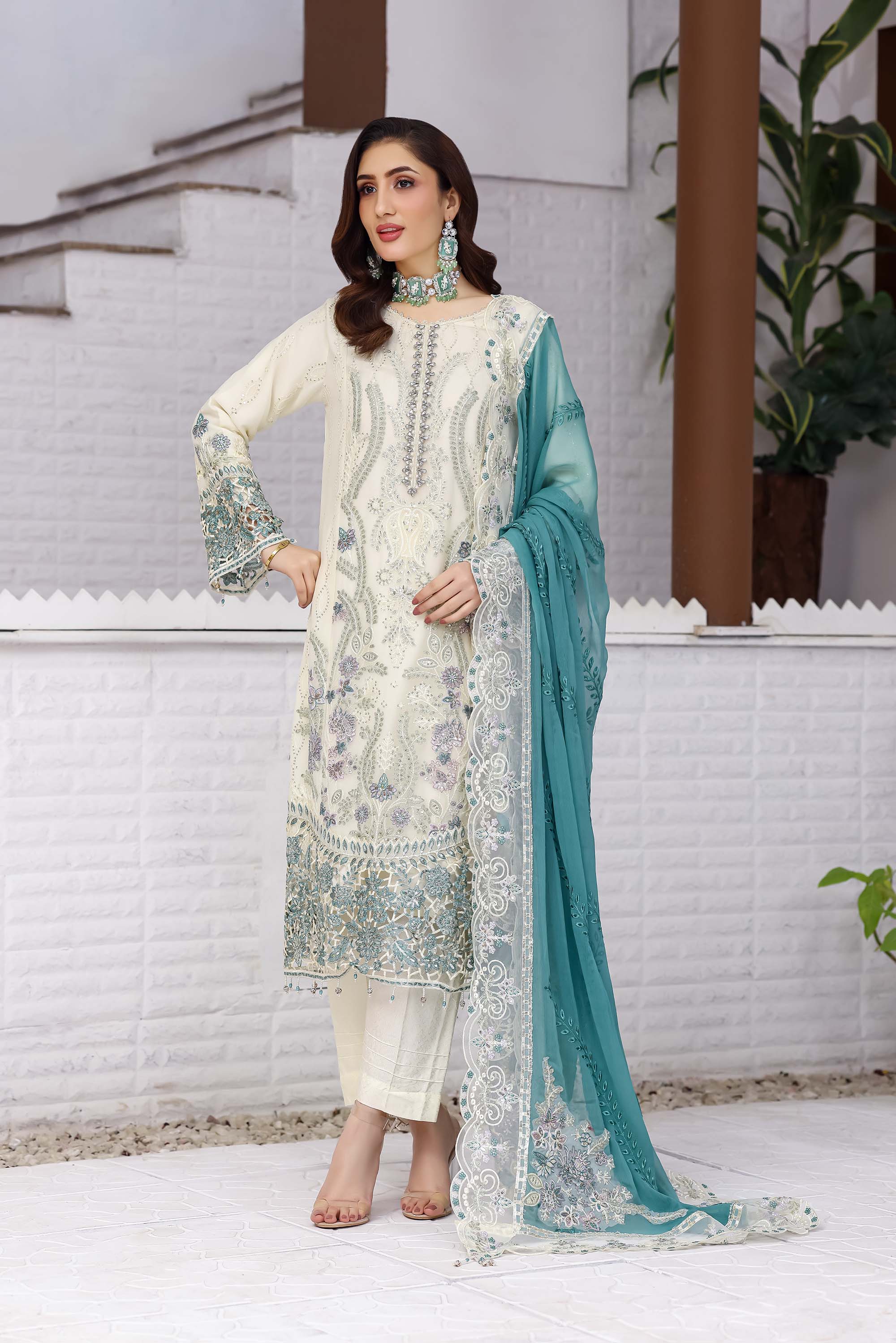 Damir Luxury Embroidered Suit – Ivory & Teal