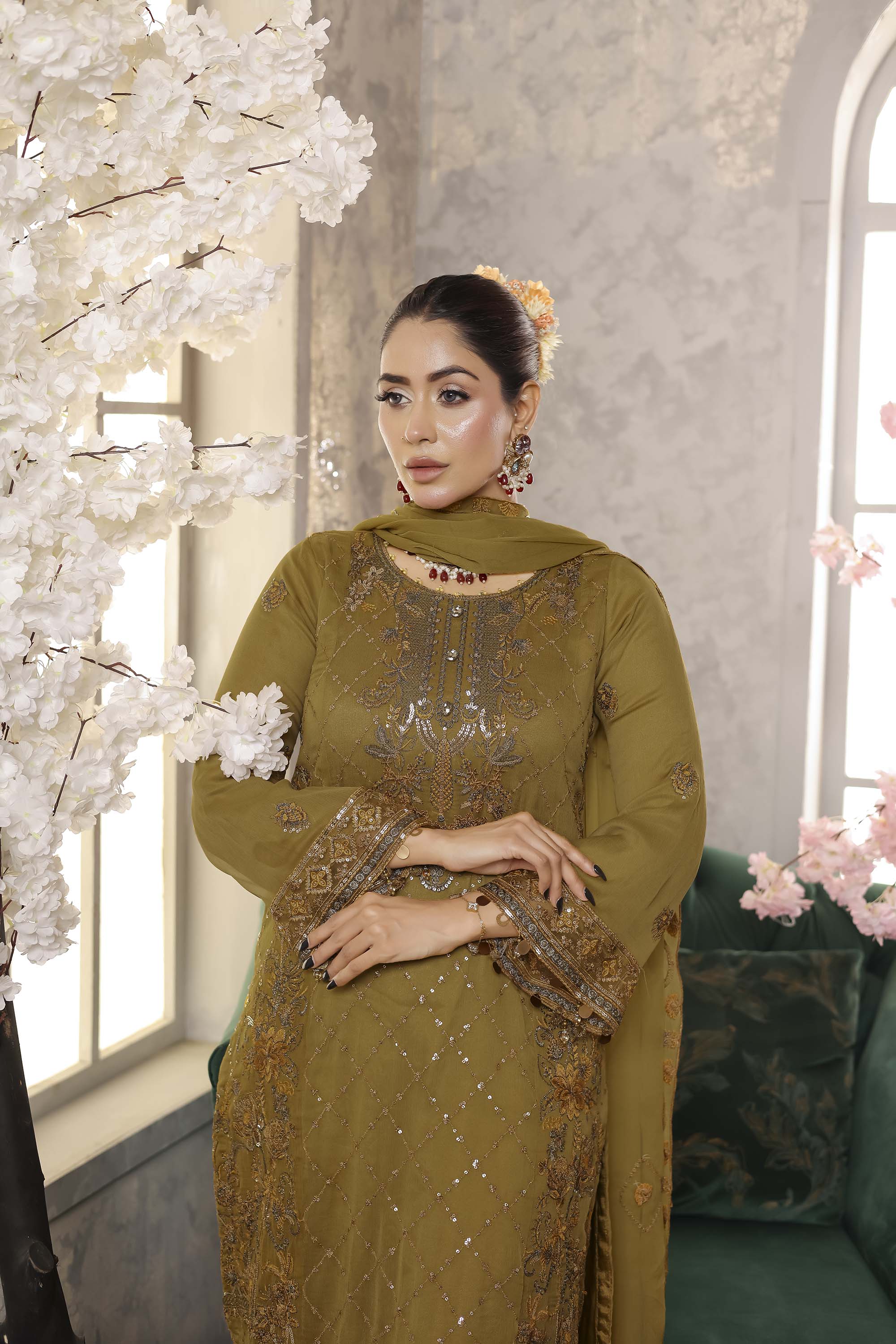 Naura - Earthy Olive & Gold Embroidered Suit