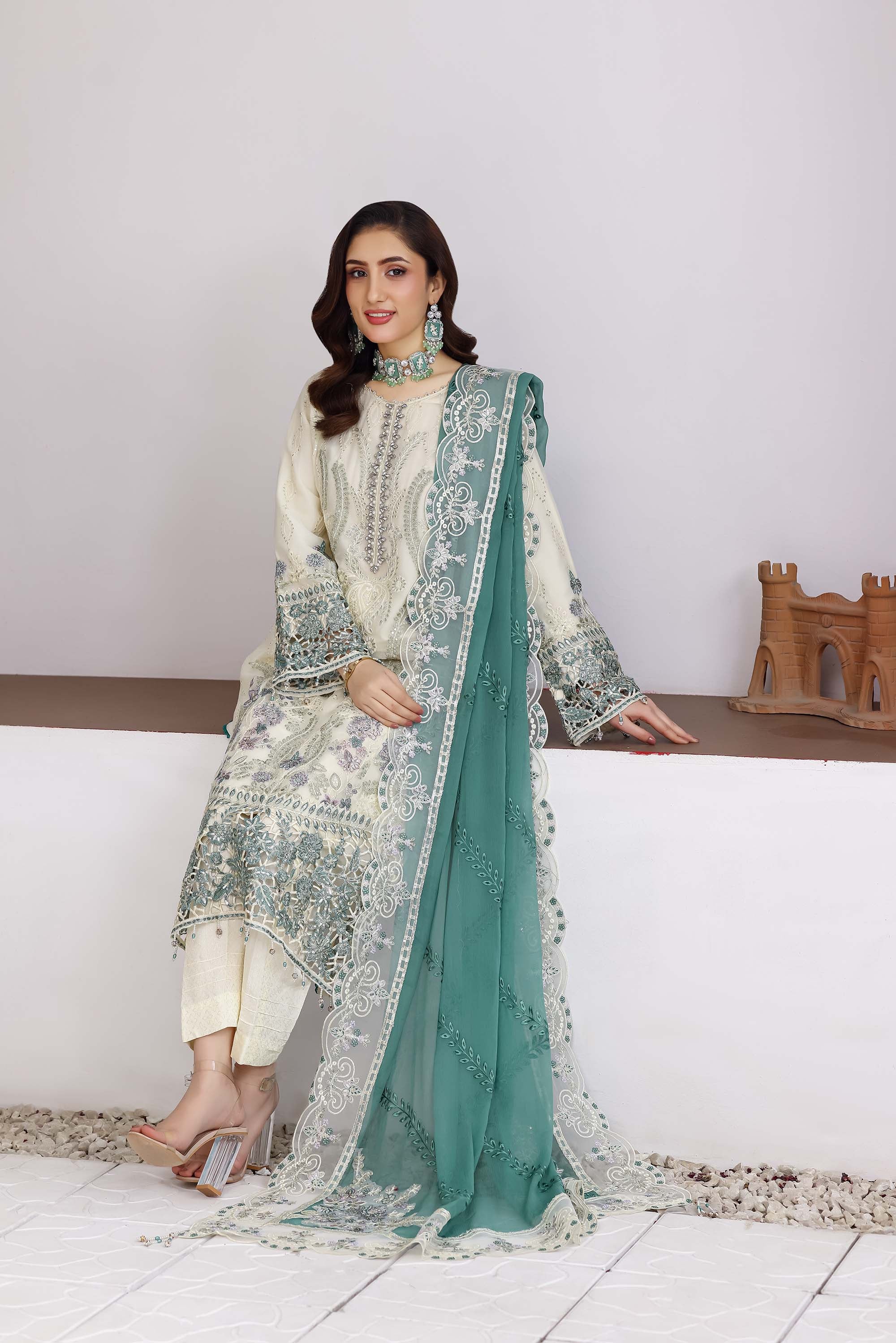 Damir Luxury Embroidered Suit – Ivory & Teal