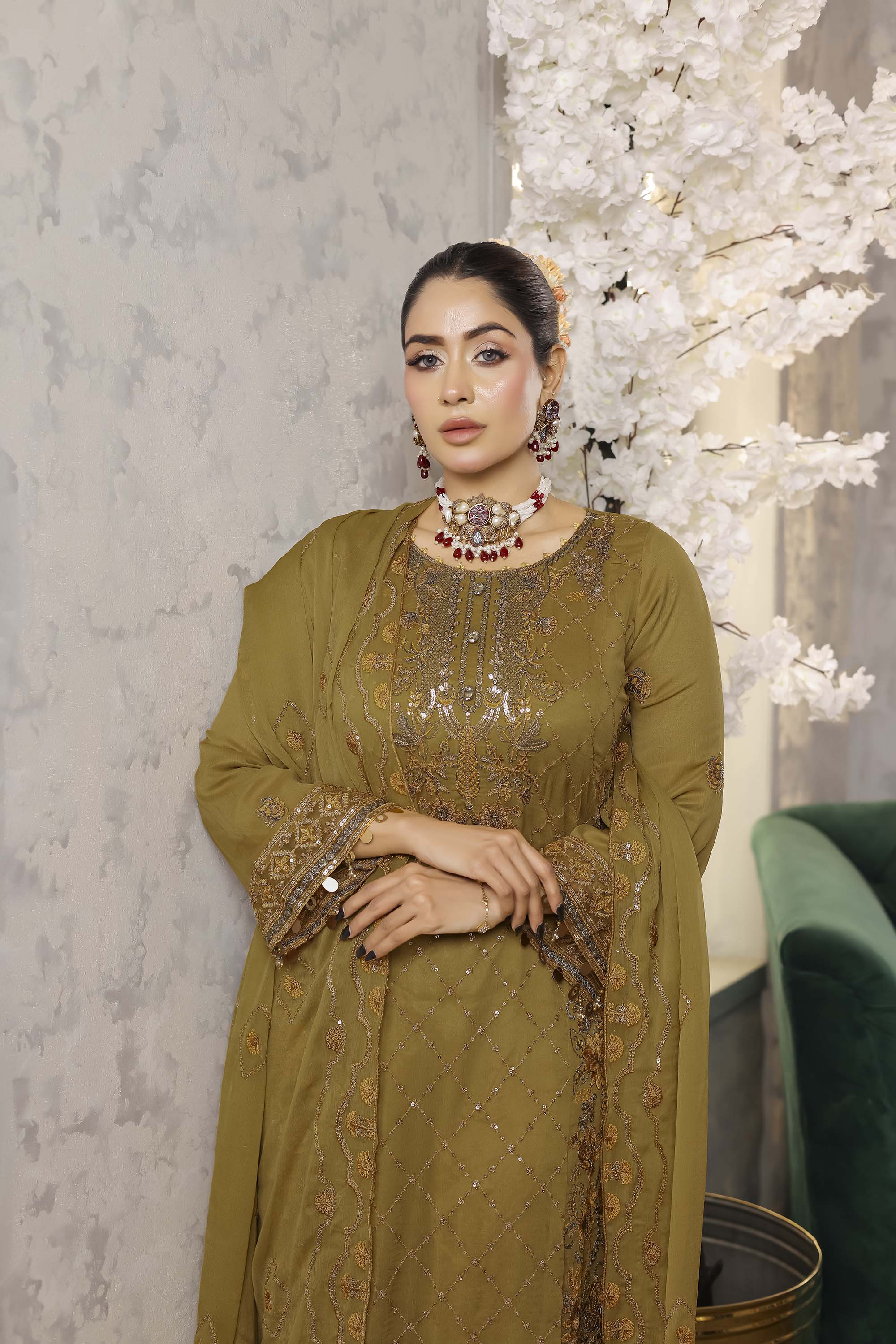 Naura - Earthy Olive & Gold Embroidered Suit