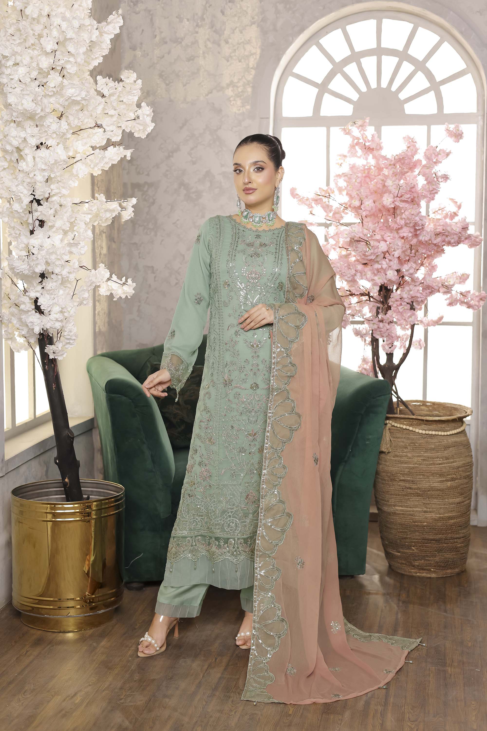 Azure Contrast Embroidered Suit – Seafoam & Peach