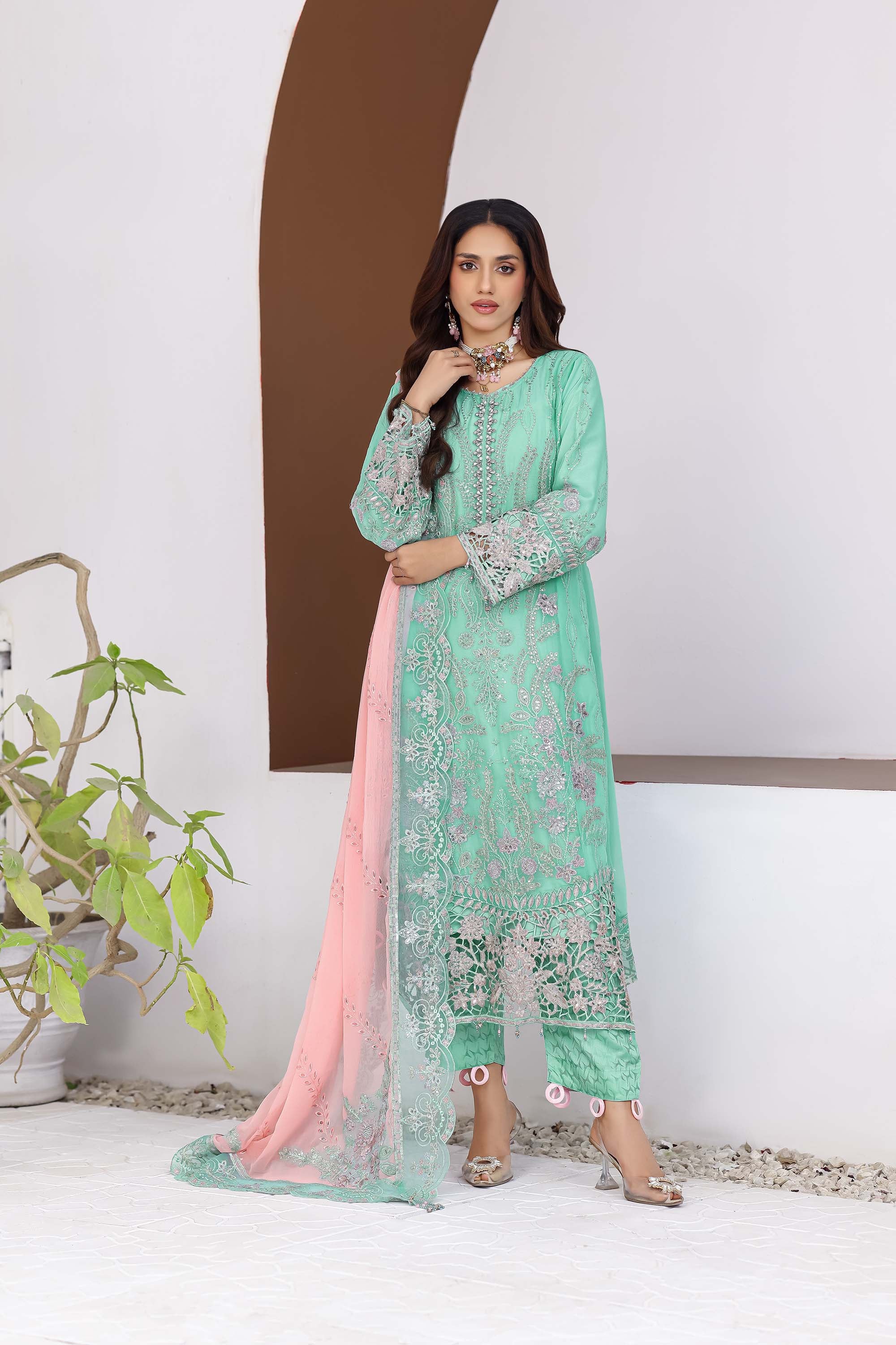 Damir Luxury Embroidered Suit – Mint & Peach