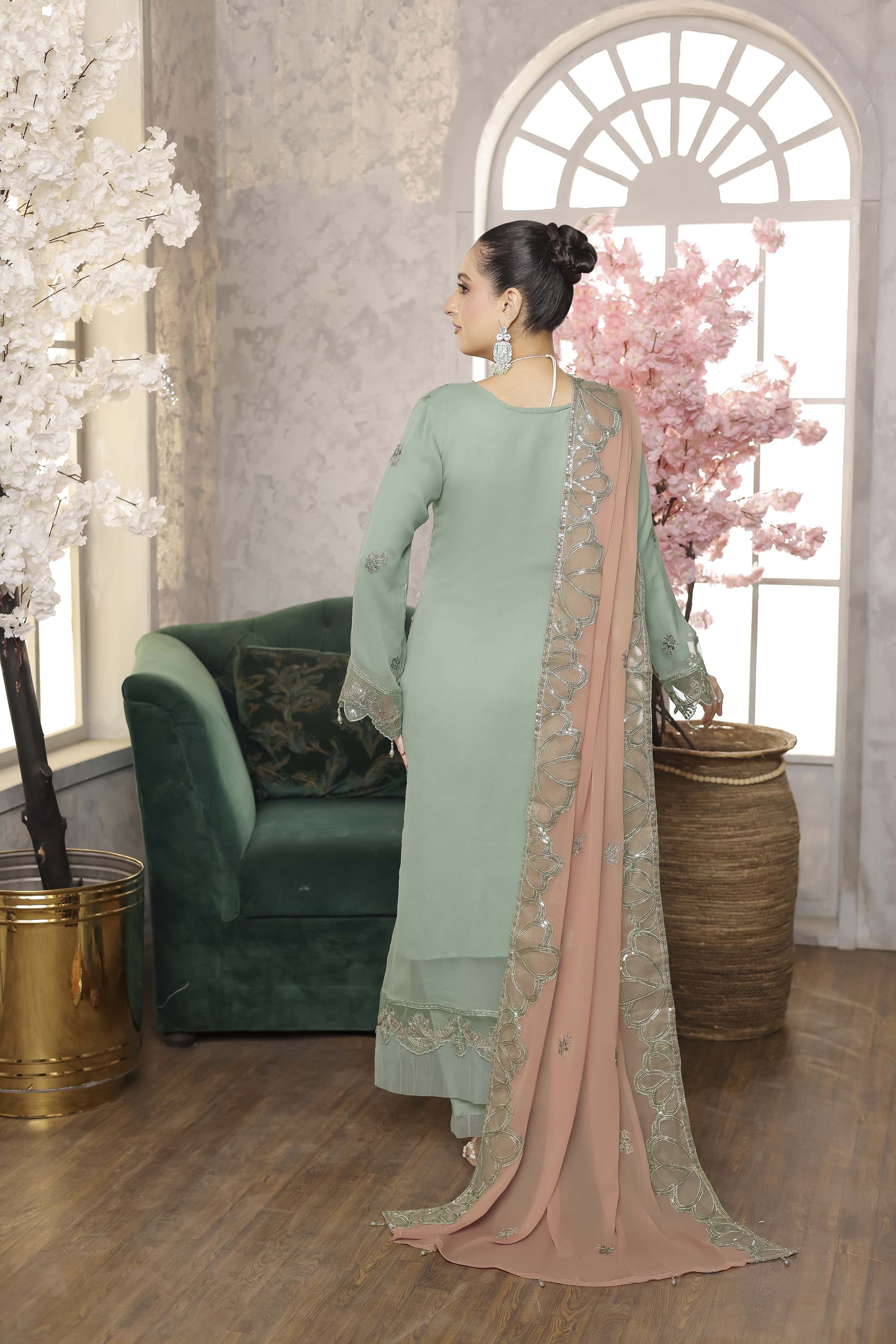 Azure Contrast Embroidered Suit – Seafoam & Peach
