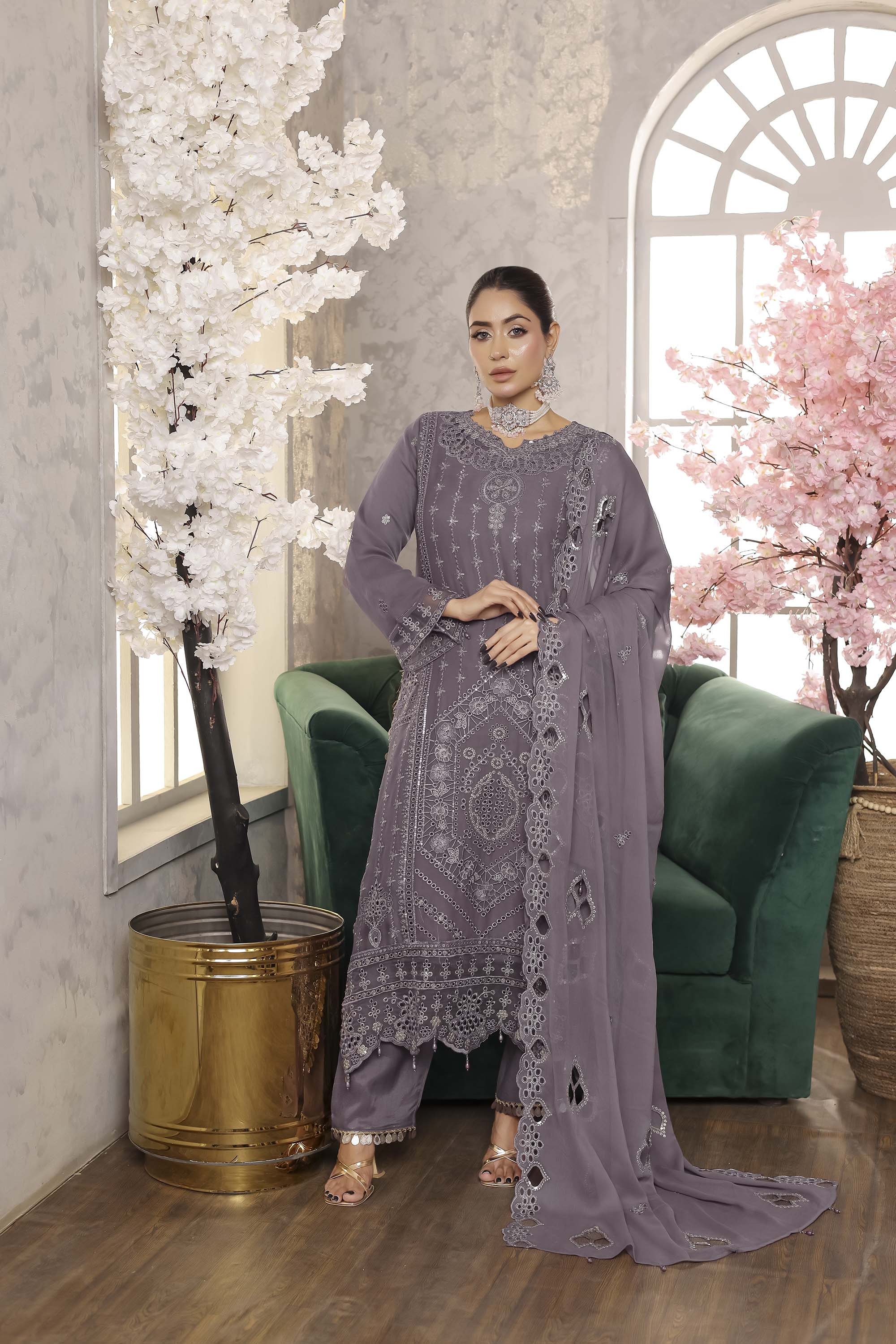 Paris Silk | Embroidered Chiffon Suit – Dusty Mauve