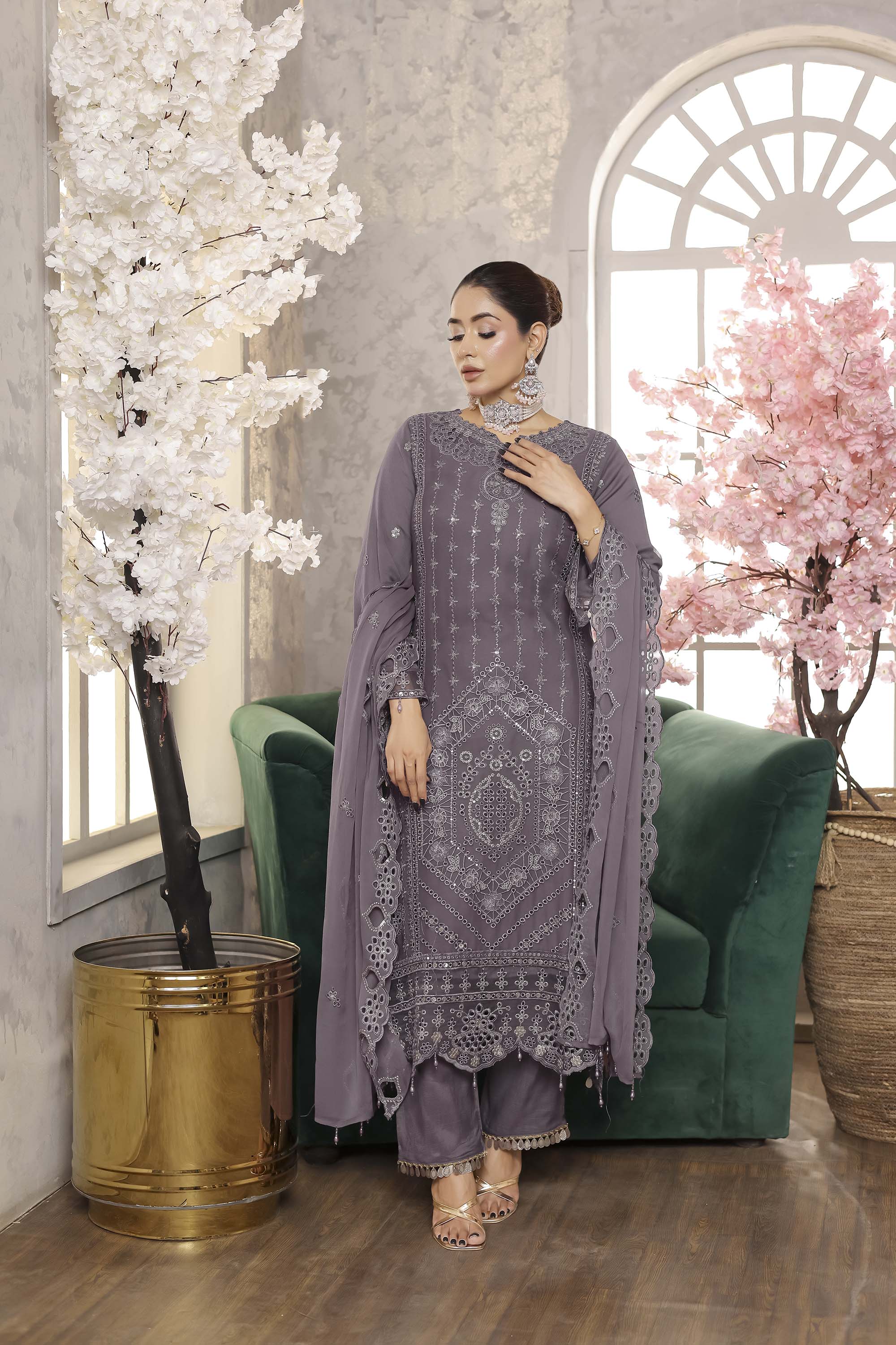 Paris Silk | Embroidered Chiffon Suit – Dusty Mauve