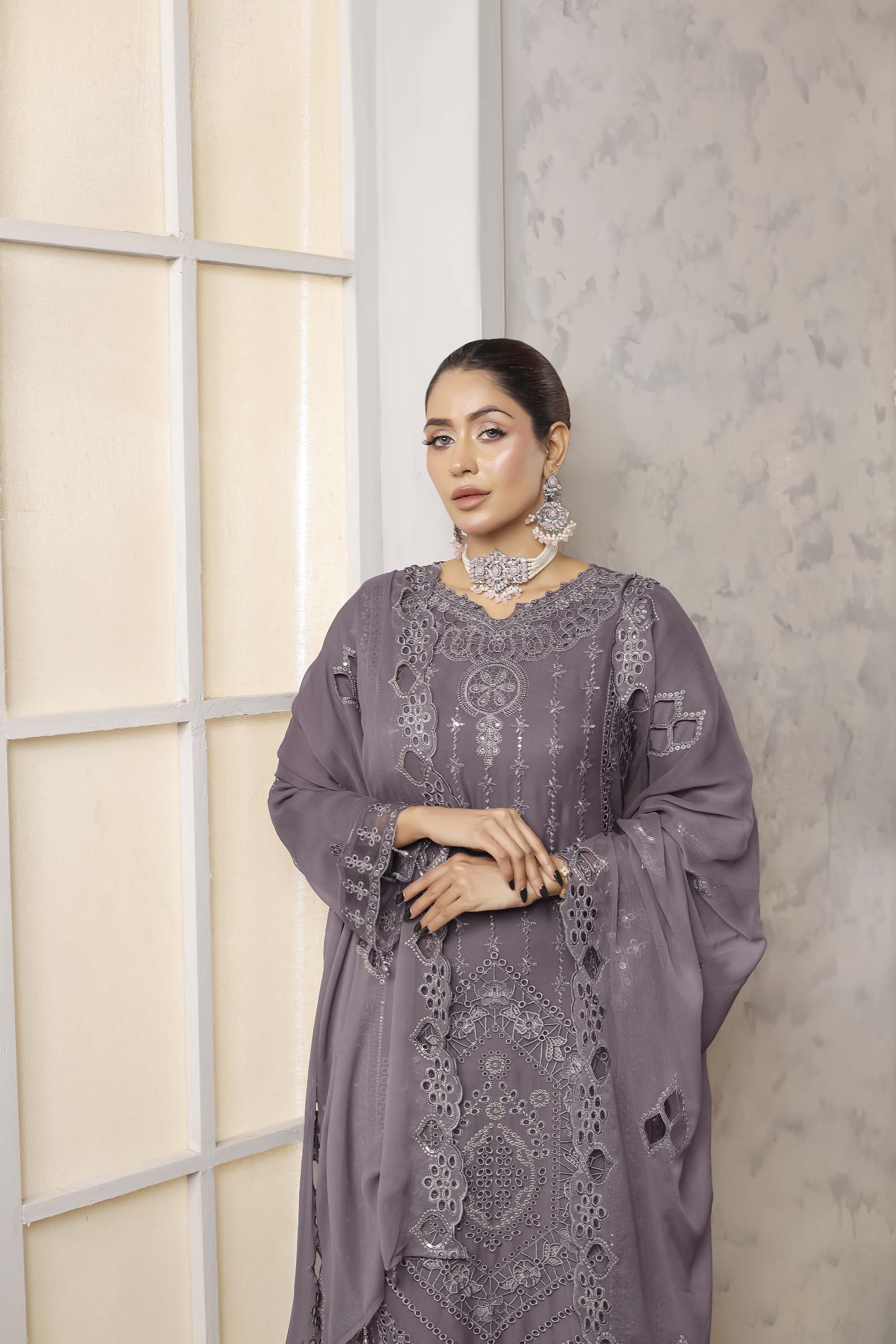 Paris Silk | Embroidered Chiffon Suit – Dusty Mauve