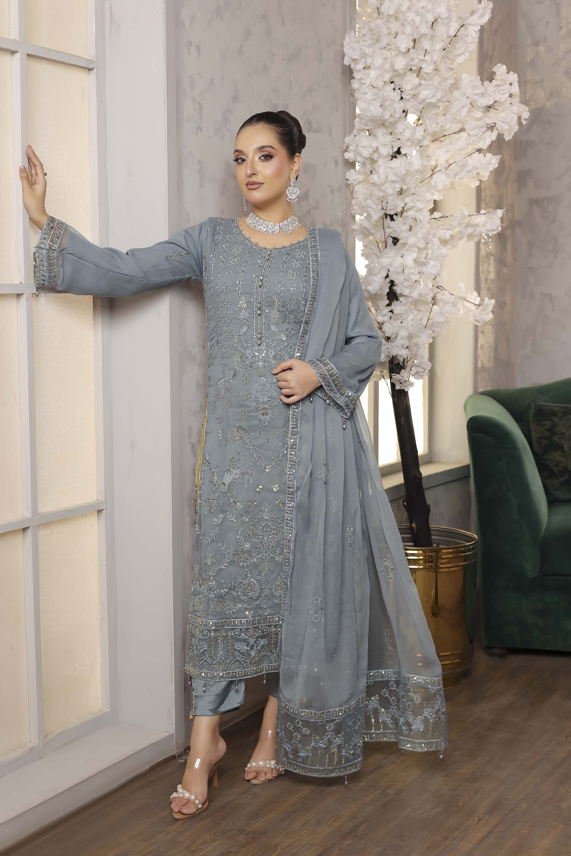 LA GRACE – Slate Grey Sequin-Embellished Suit