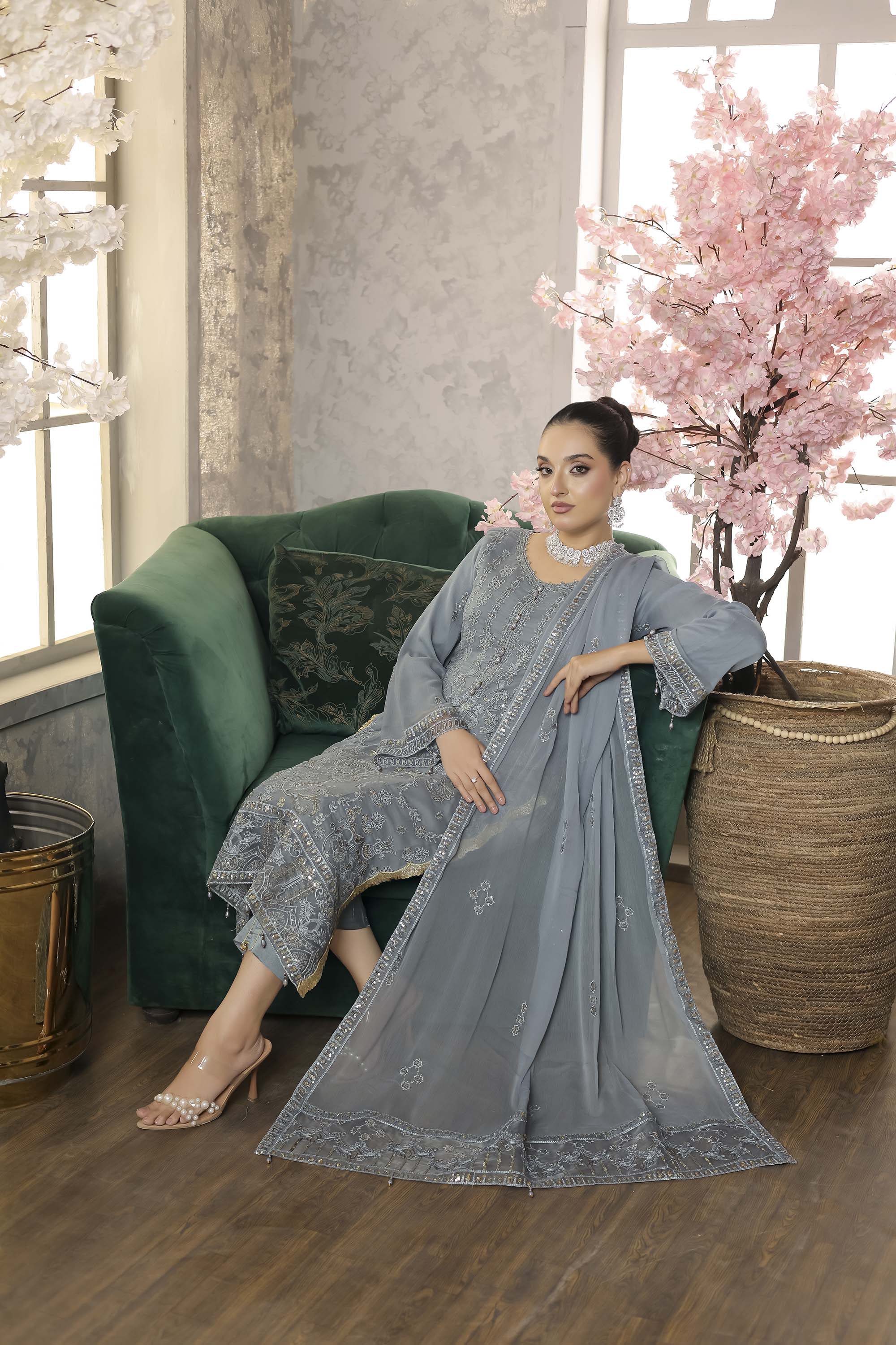 HAYAA – Classic Embroidered Ensemble in Steel Blue