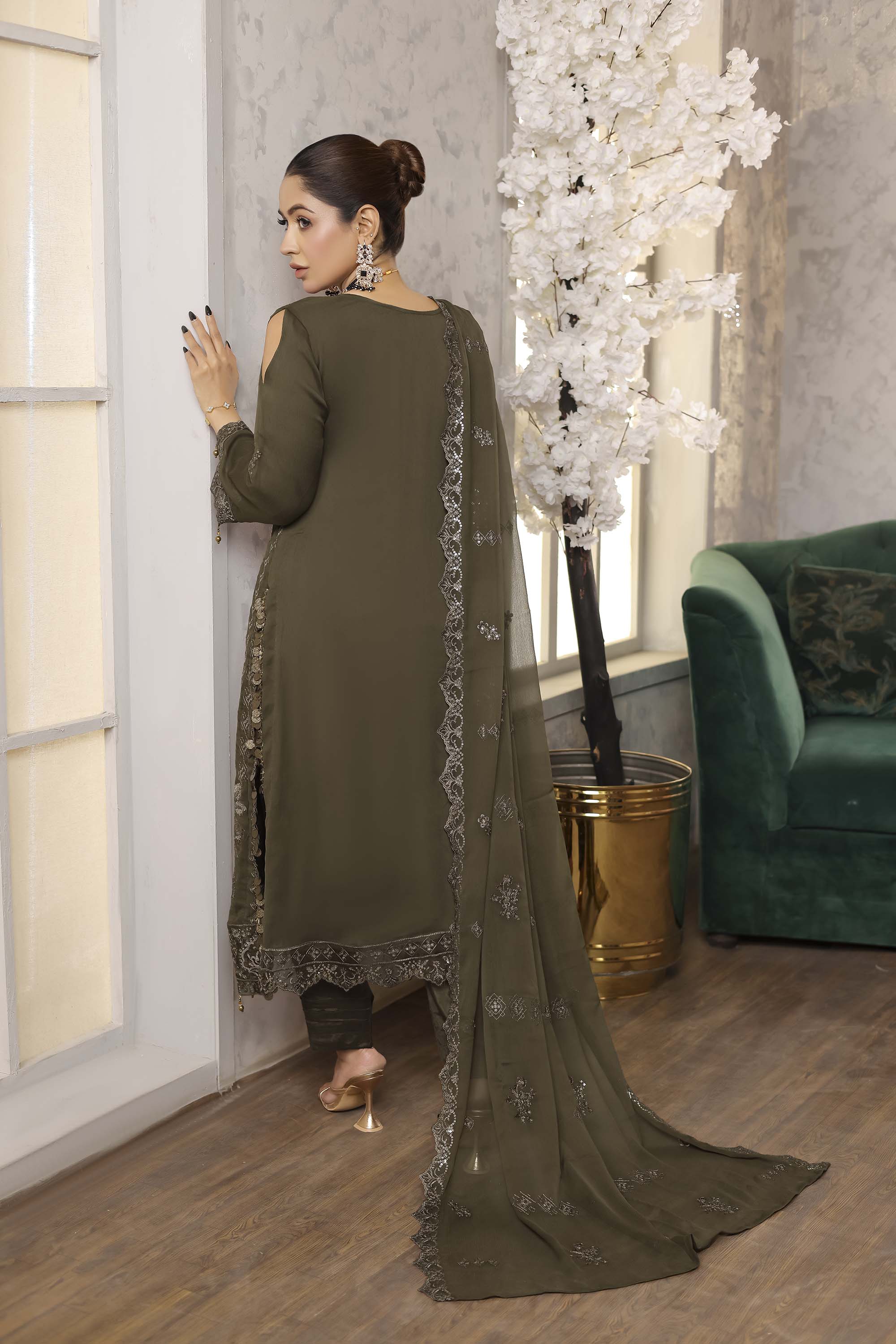 LA GRACE – Olive Green Cold-Shoulder Embroidered Suit