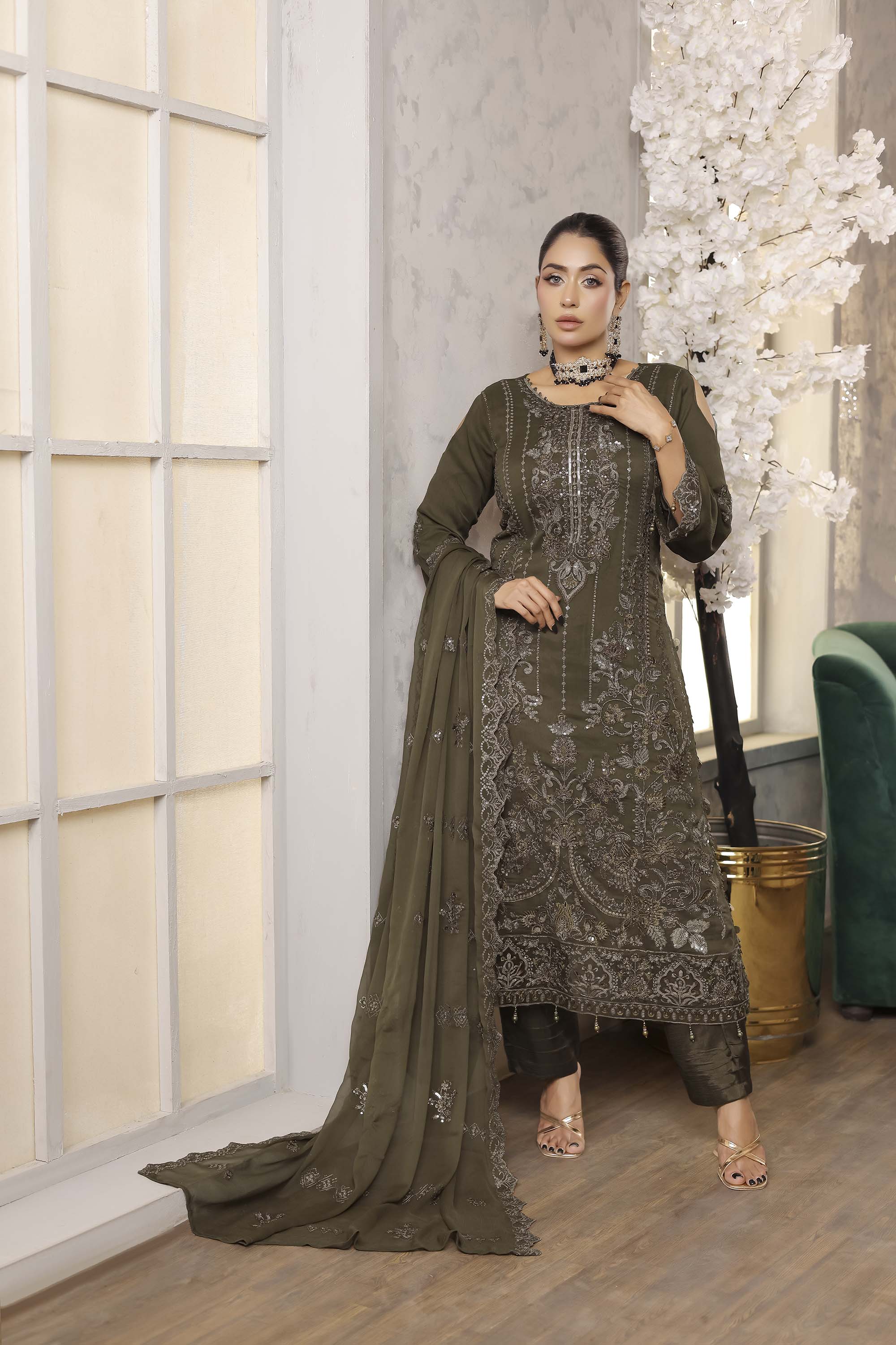 LA GRACE – Olive Green Cold-Shoulder Embroidered Suit