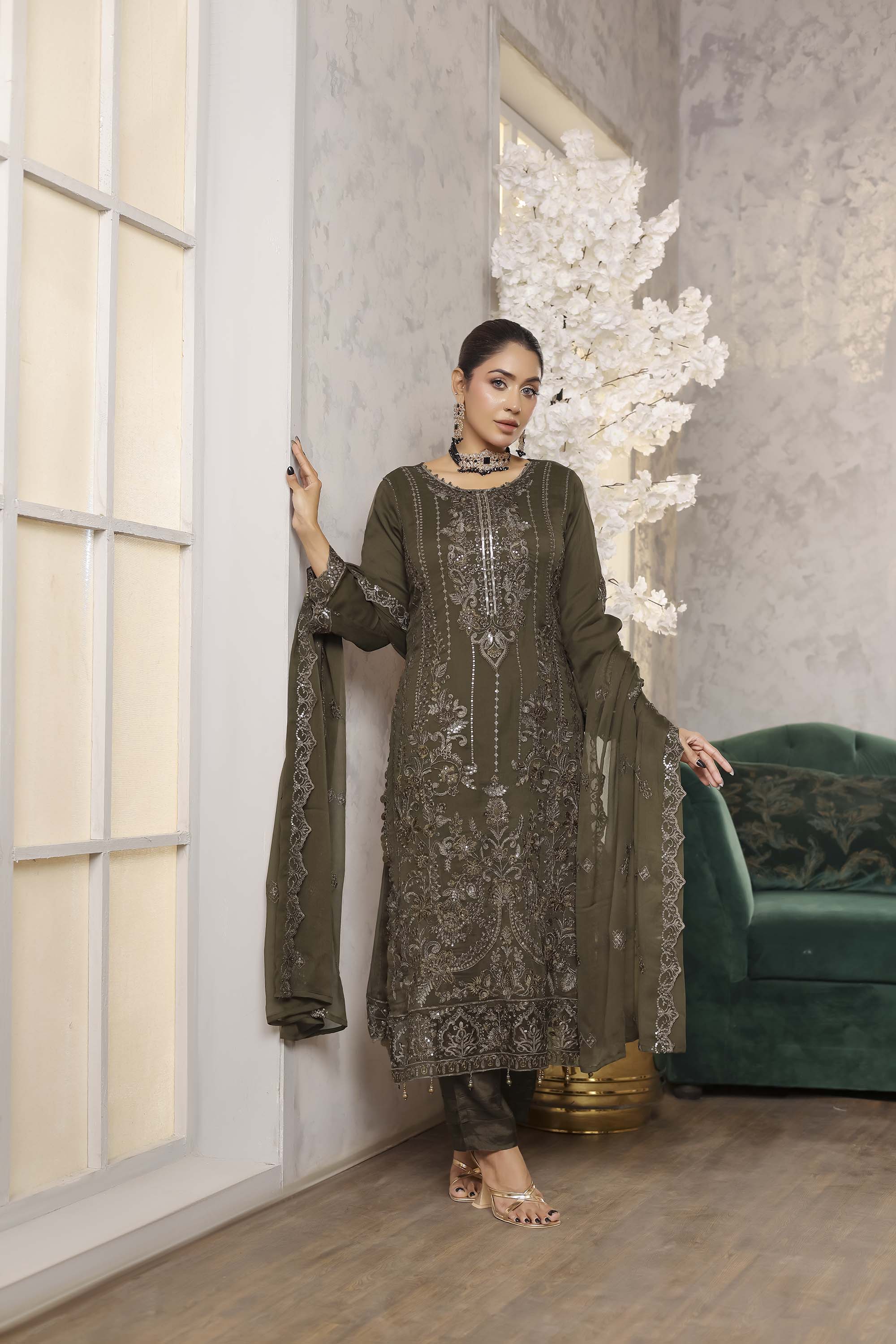 LA GRACE – Olive Green Cold-Shoulder Embroidered Suit