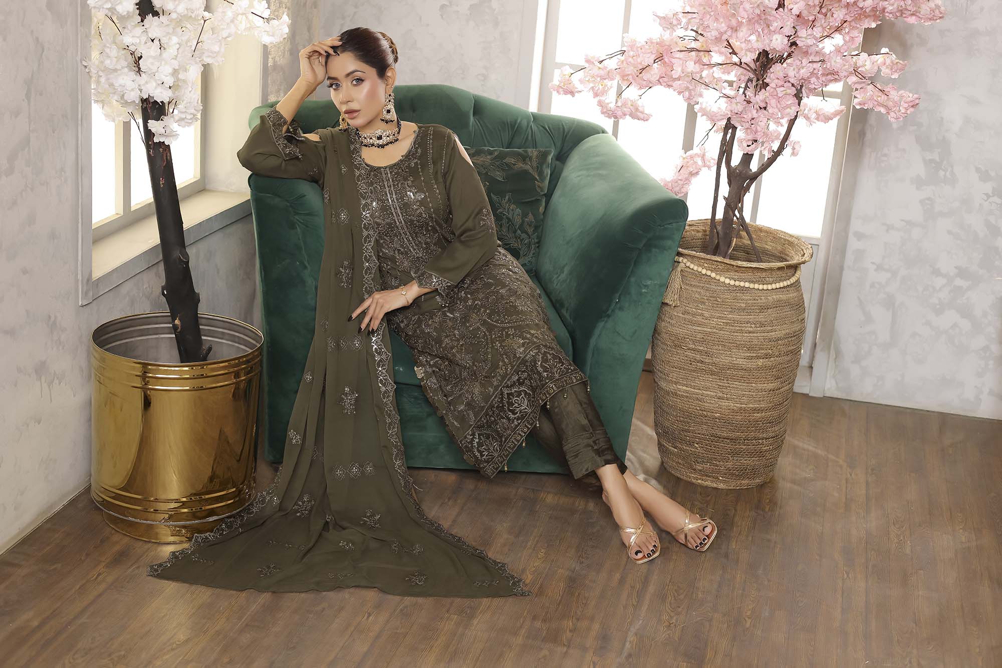 LA GRACE – Olive Green Cold-Shoulder Embroidered Suit