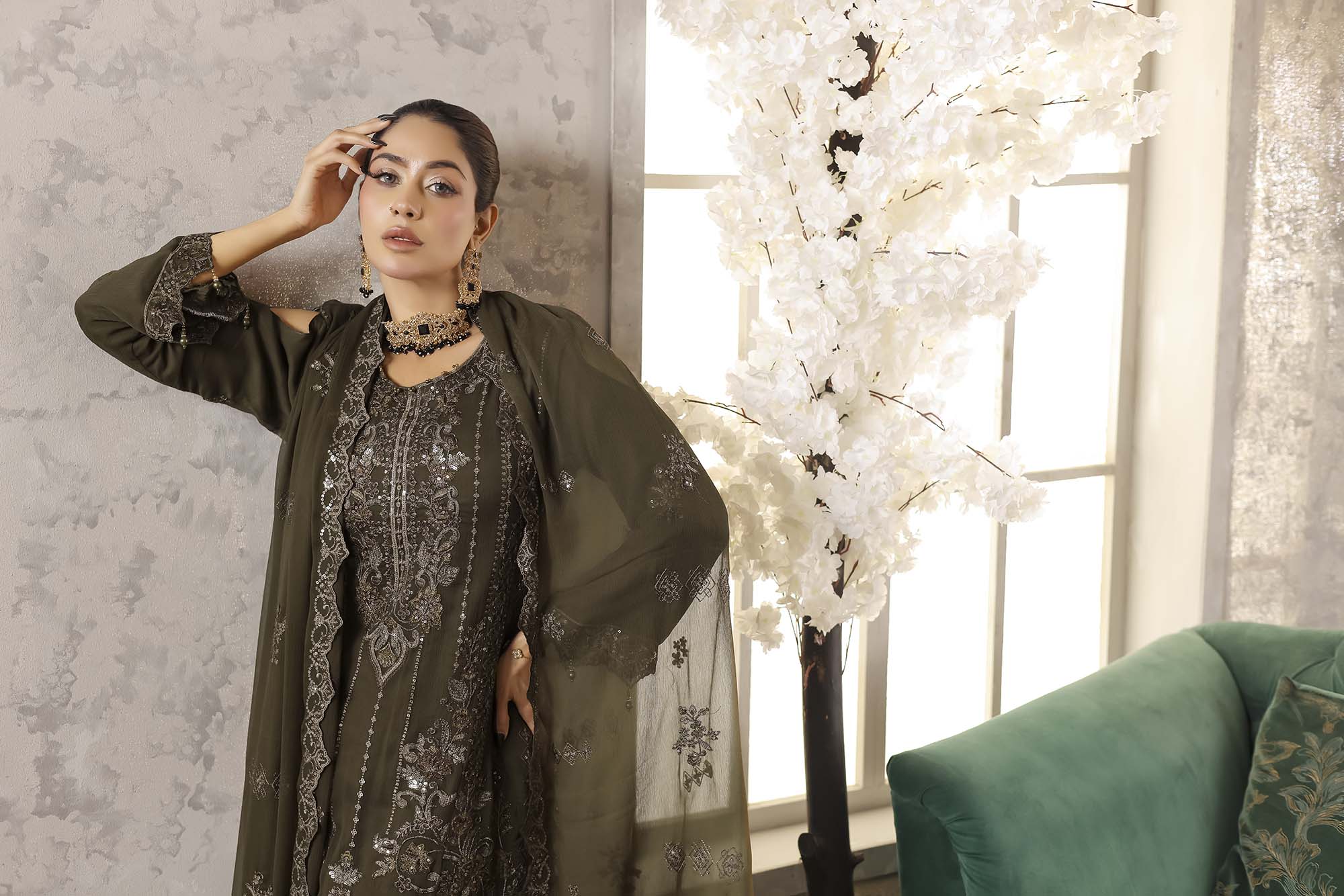 LA GRACE – Olive Green Cold-Shoulder Embroidered Suit