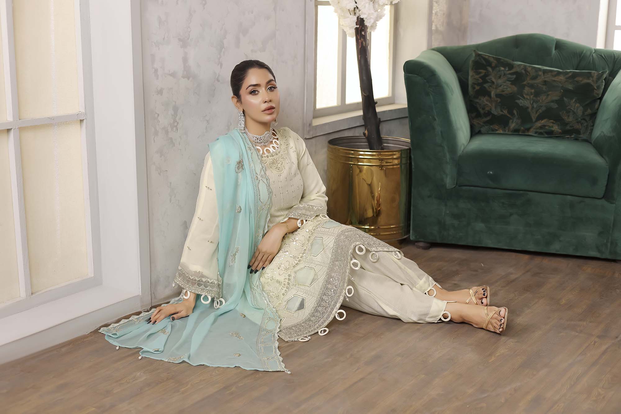 Naura - Ivory Cream with Aqua Blue Contrast Dupatta