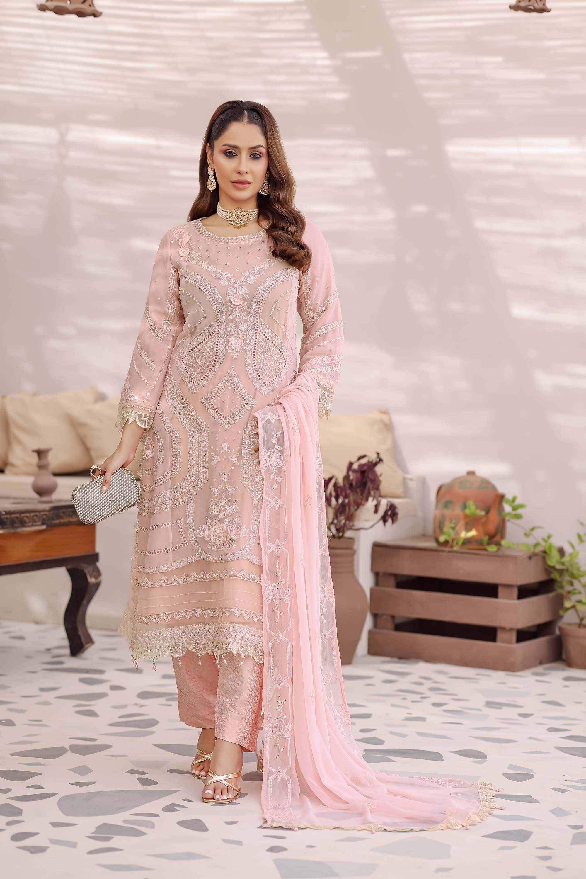 Blush Pink Embellished Chiffon Suit - Ballerina Collection