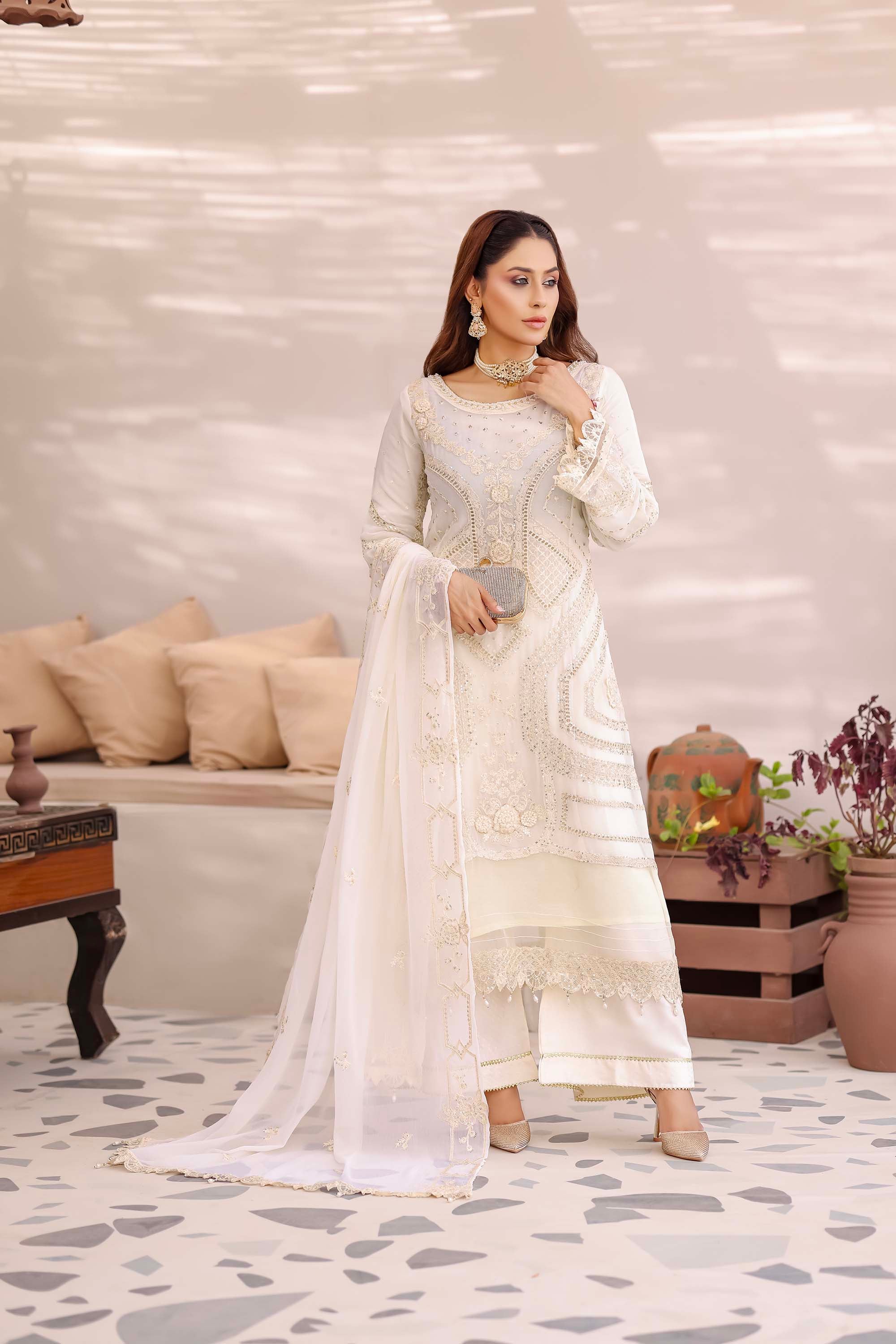 Ivory White Heavy-Work Chiffon Suit - Ballerina Collection