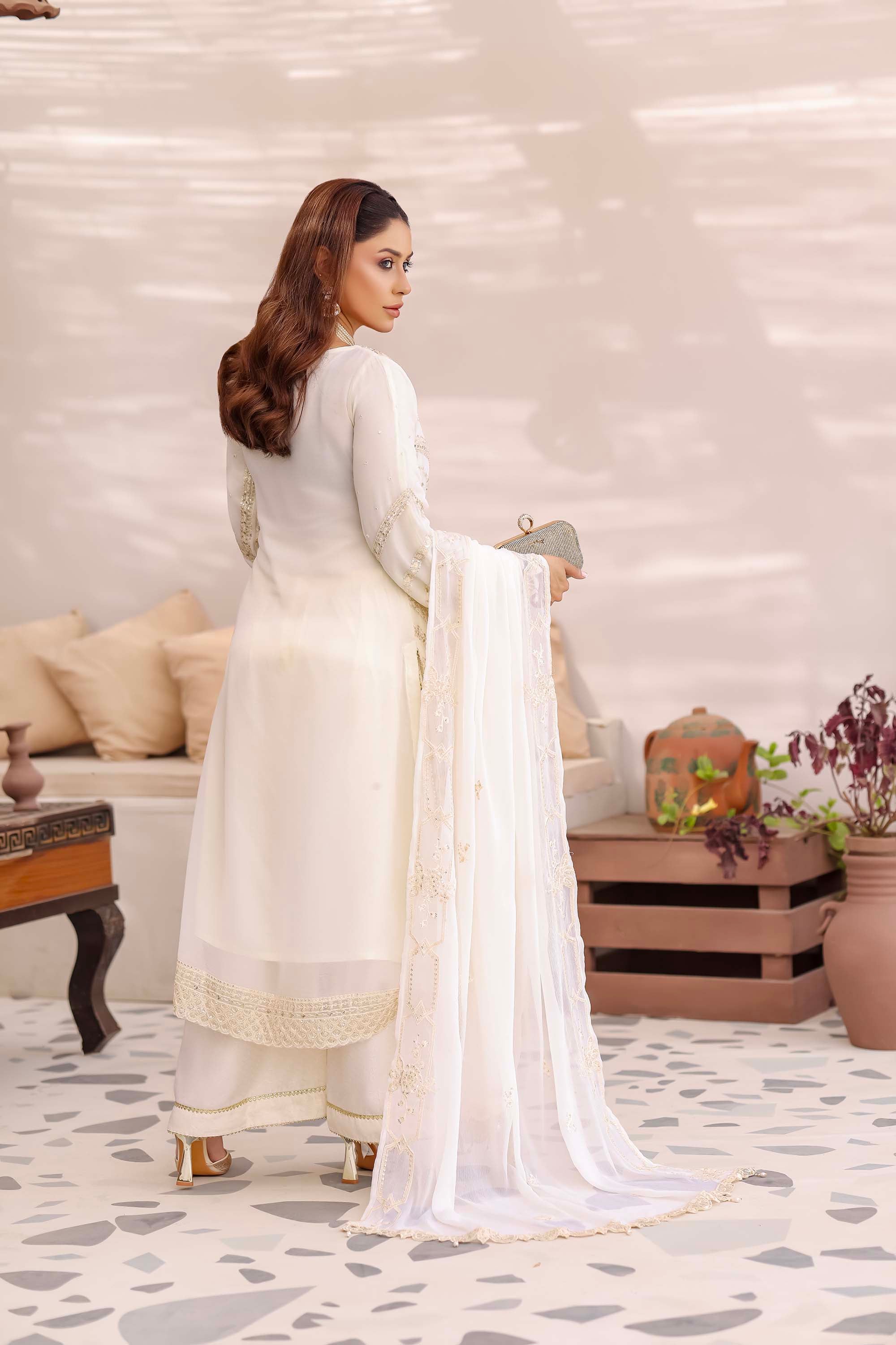 Ivory White Heavy-Work Chiffon Suit - Ballerina Collection
