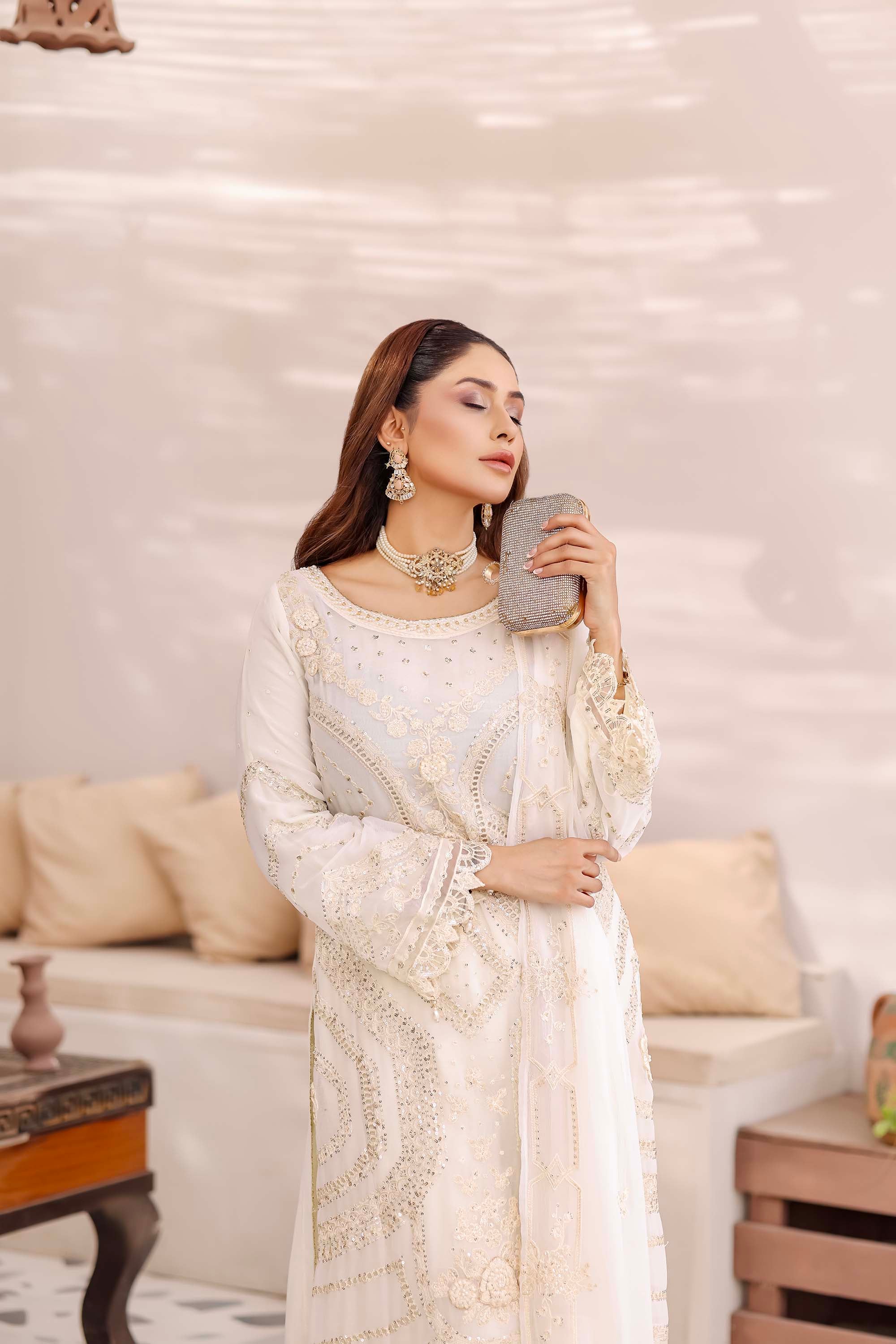 Ivory White Heavy-Work Chiffon Suit - Ballerina Collection