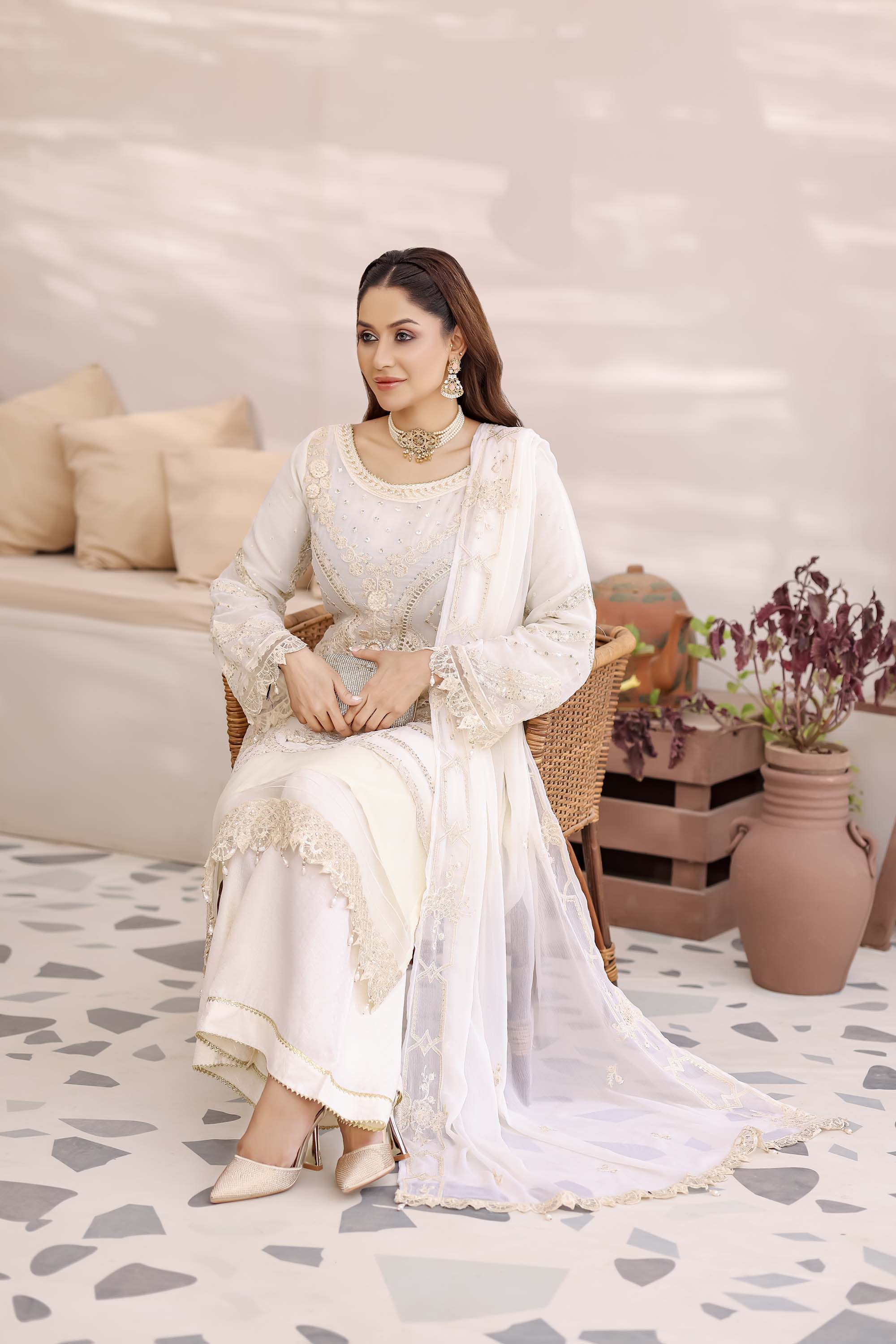 Ivory White Heavy-Work Chiffon Suit - Ballerina Collection