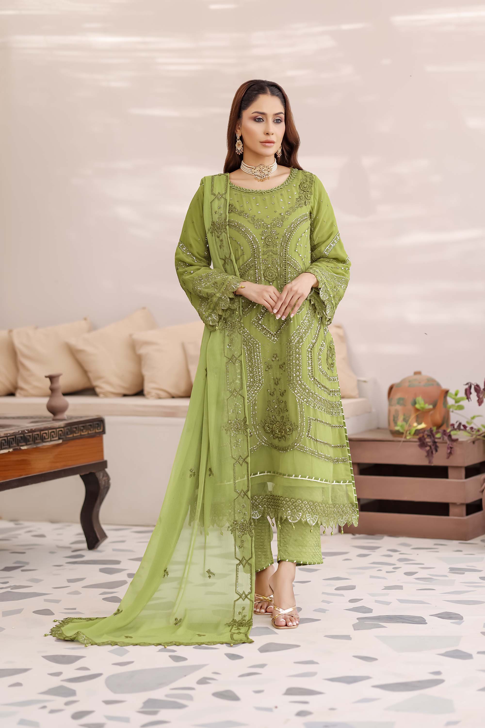Lime Green Heavily Embellished Chiffon Suit - Ballerina Collection