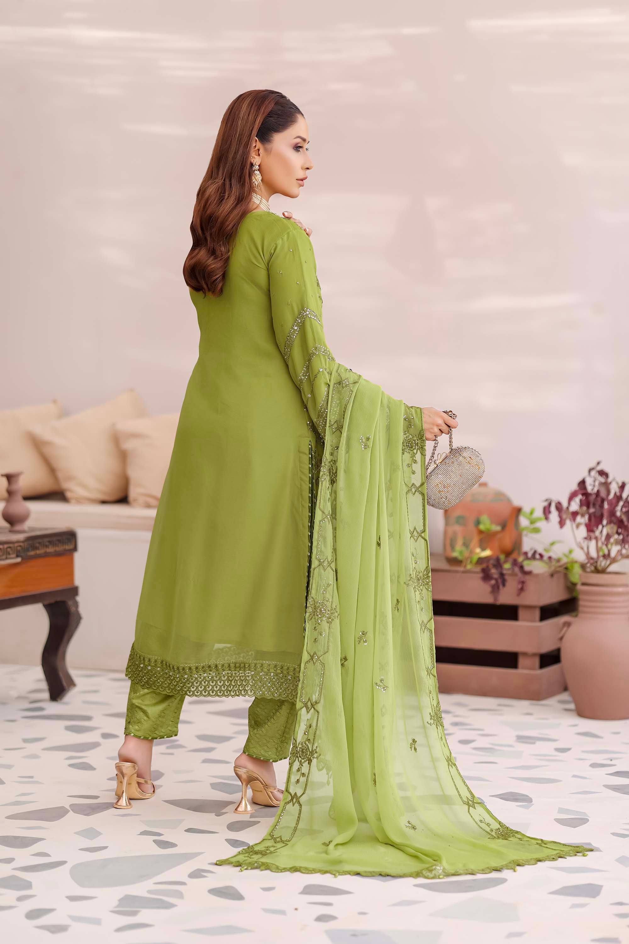 Lime Green Heavily Embellished Chiffon Suit - Ballerina Collection