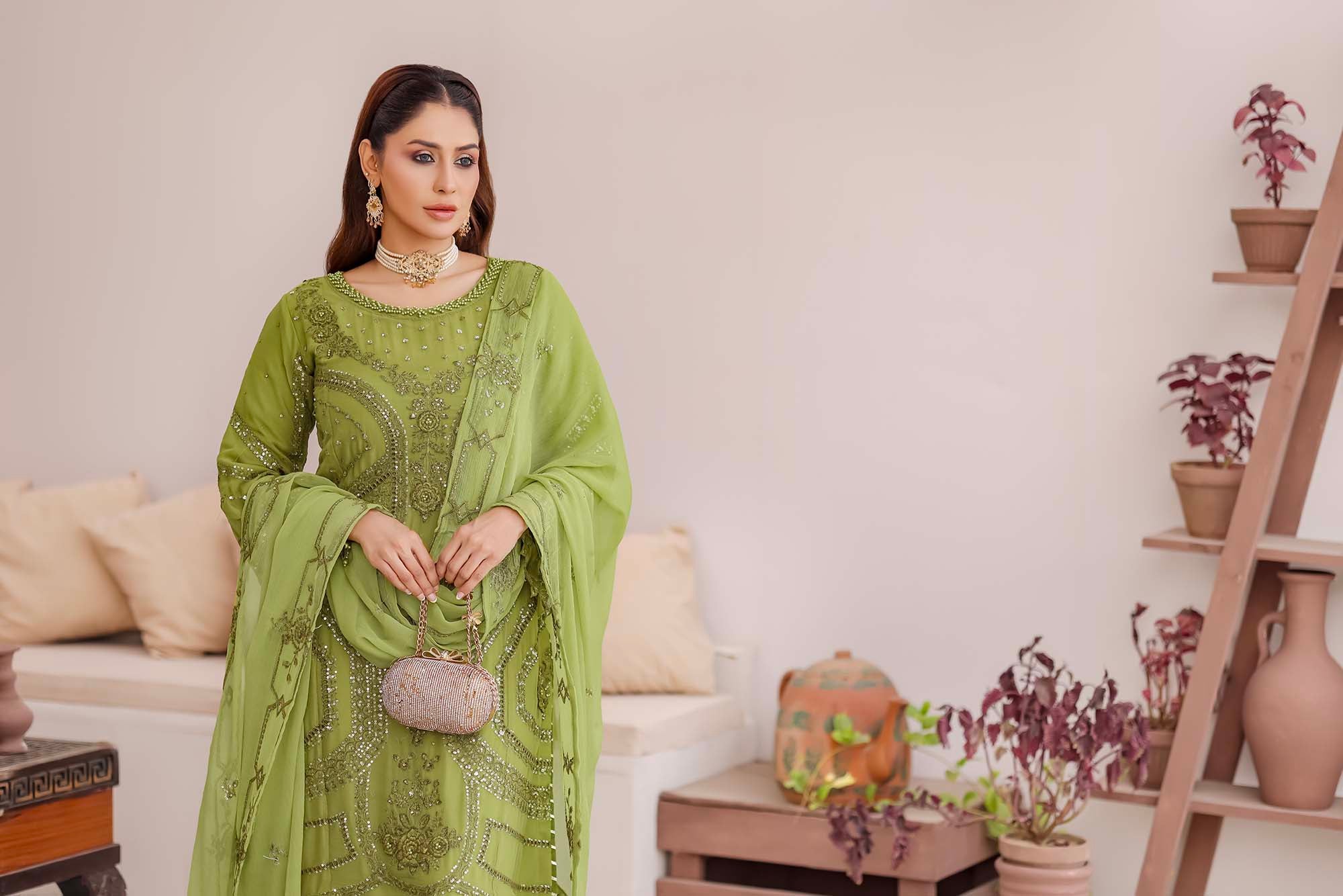 Lime Green Heavily Embellished Chiffon Suit - Ballerina Collection