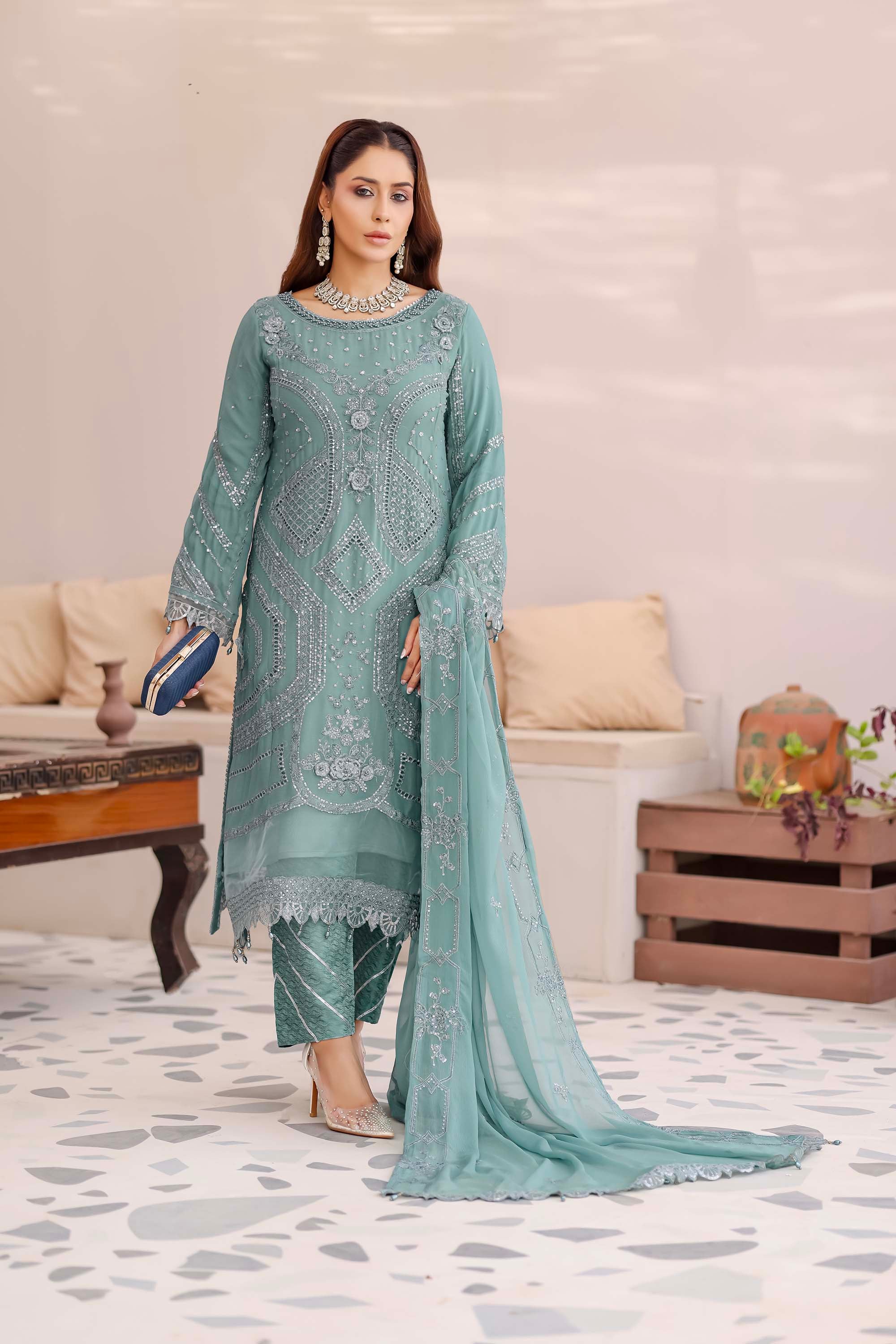 Sea Green Embellished Chiffon Suit - Ballerina Collection