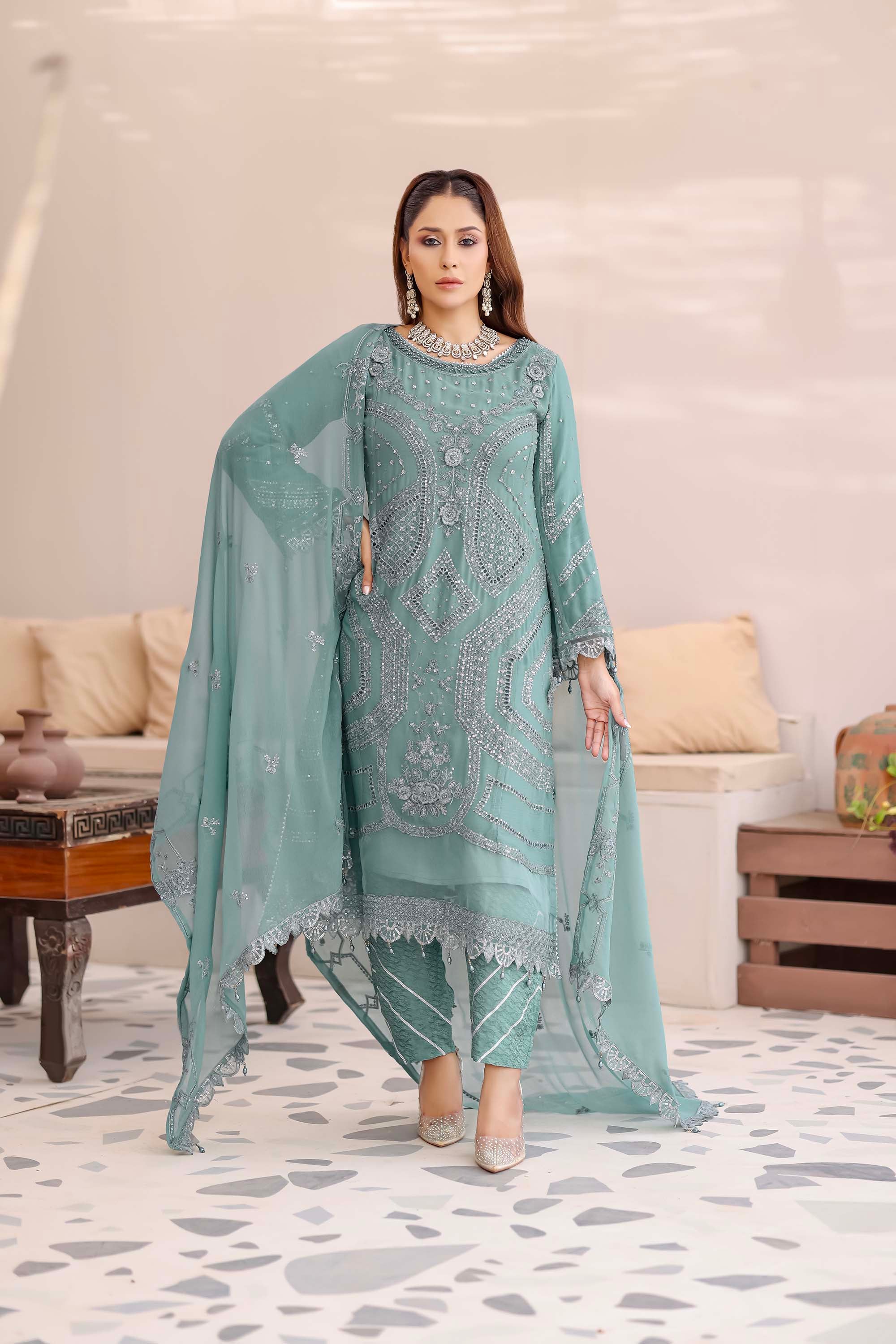 Sea Green Embellished Chiffon Suit - Ballerina Collection