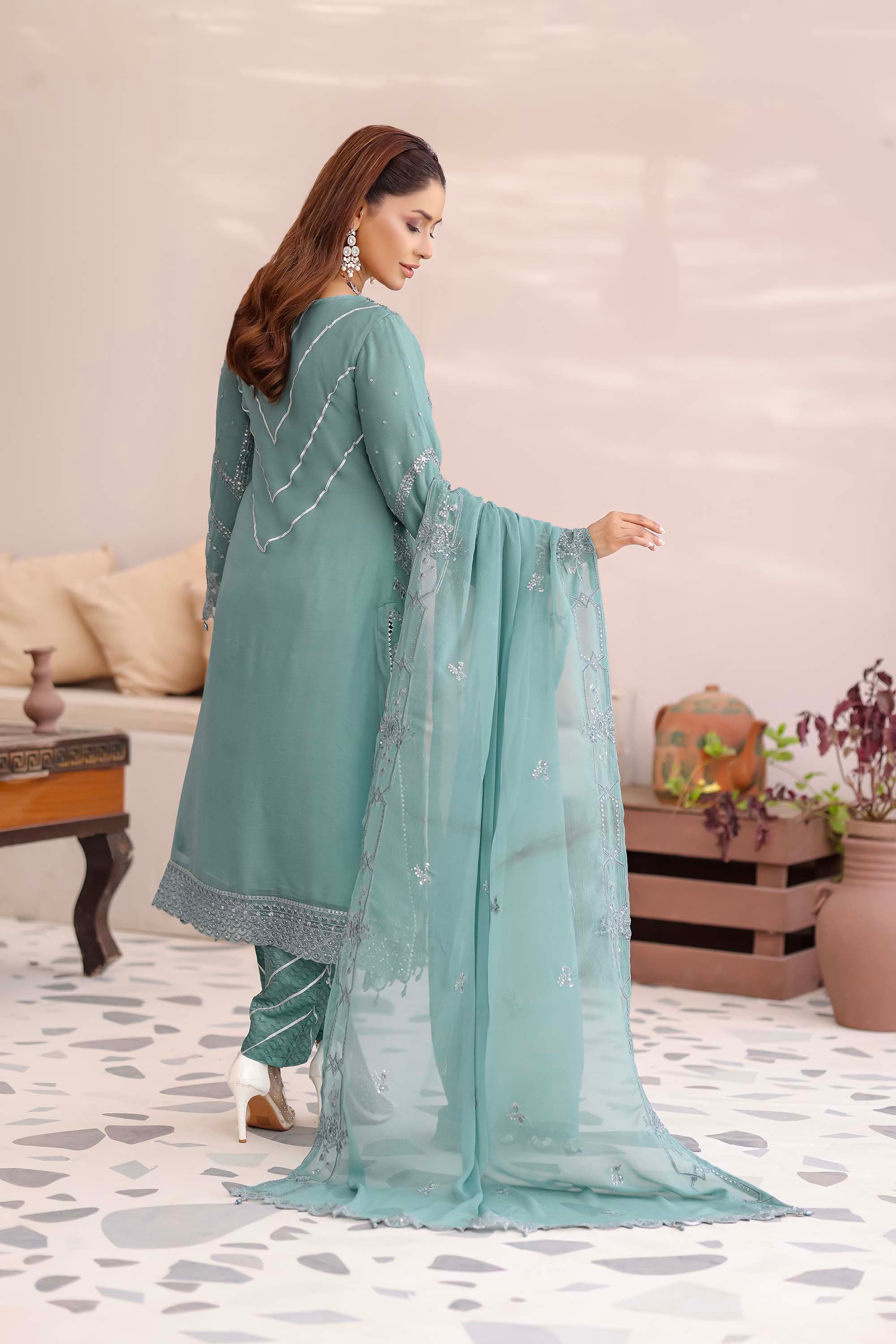 Sea Green Embellished Chiffon Suit - Ballerina Collection
