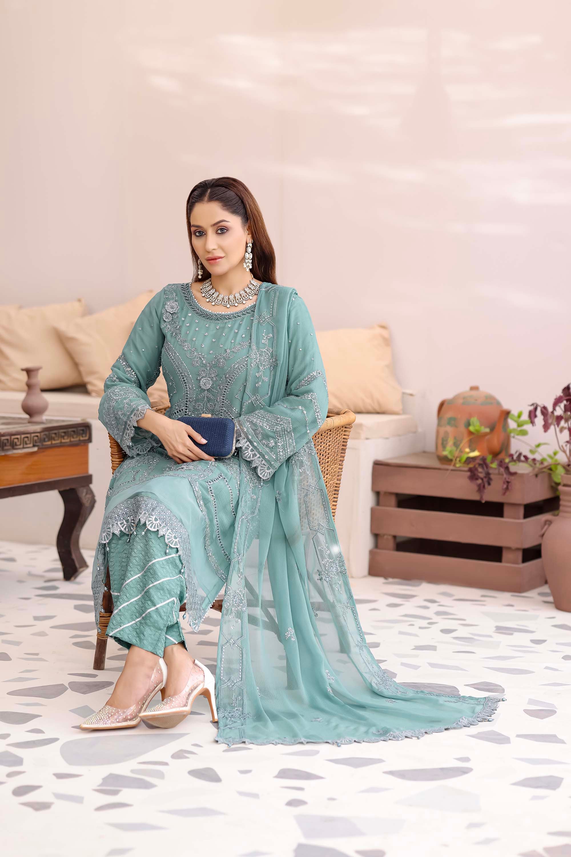 Sea Green Embellished Chiffon Suit - Ballerina Collection
