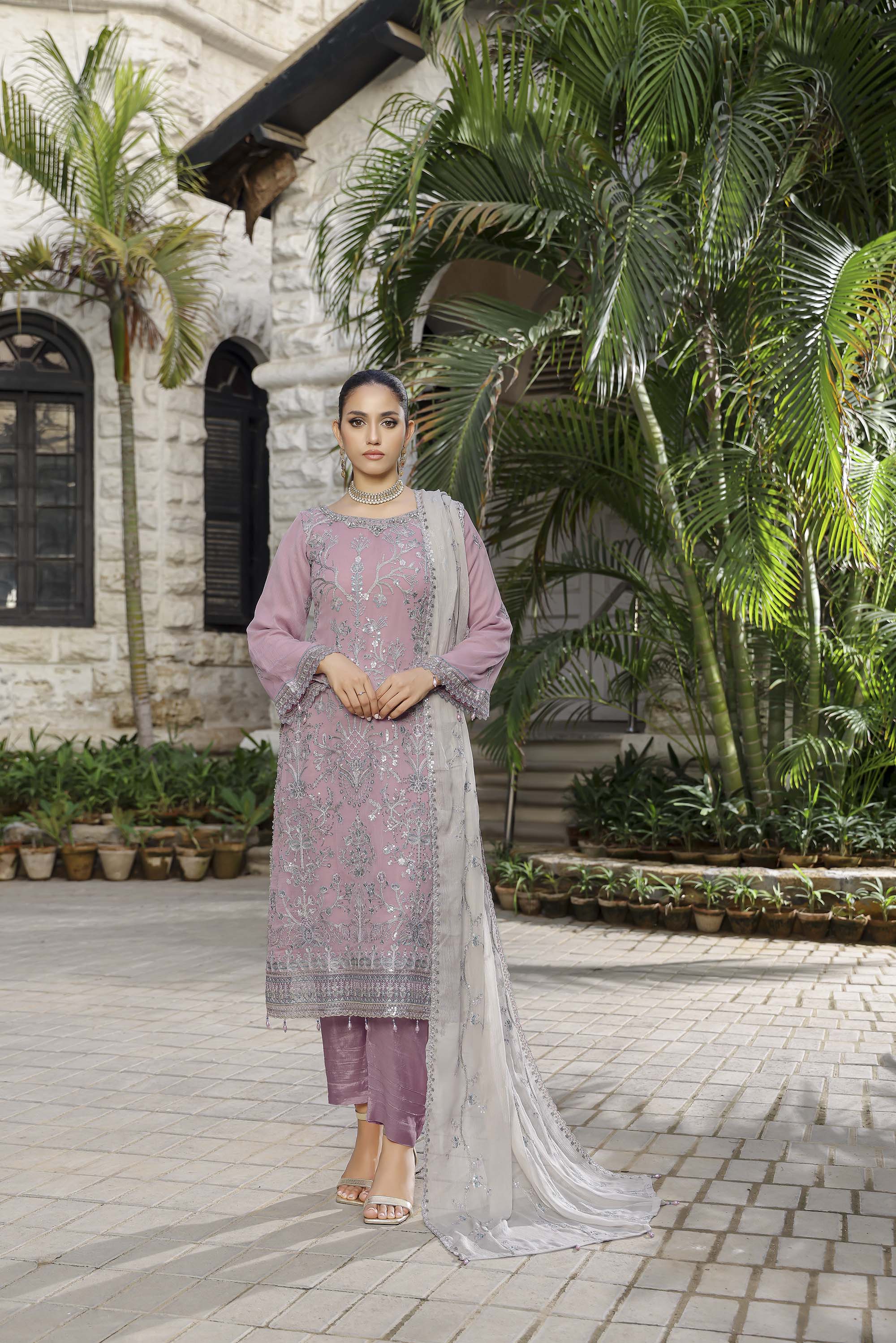 Dusty Mauve Chiffon Suit with Heavy Silver Sequin Embroidery