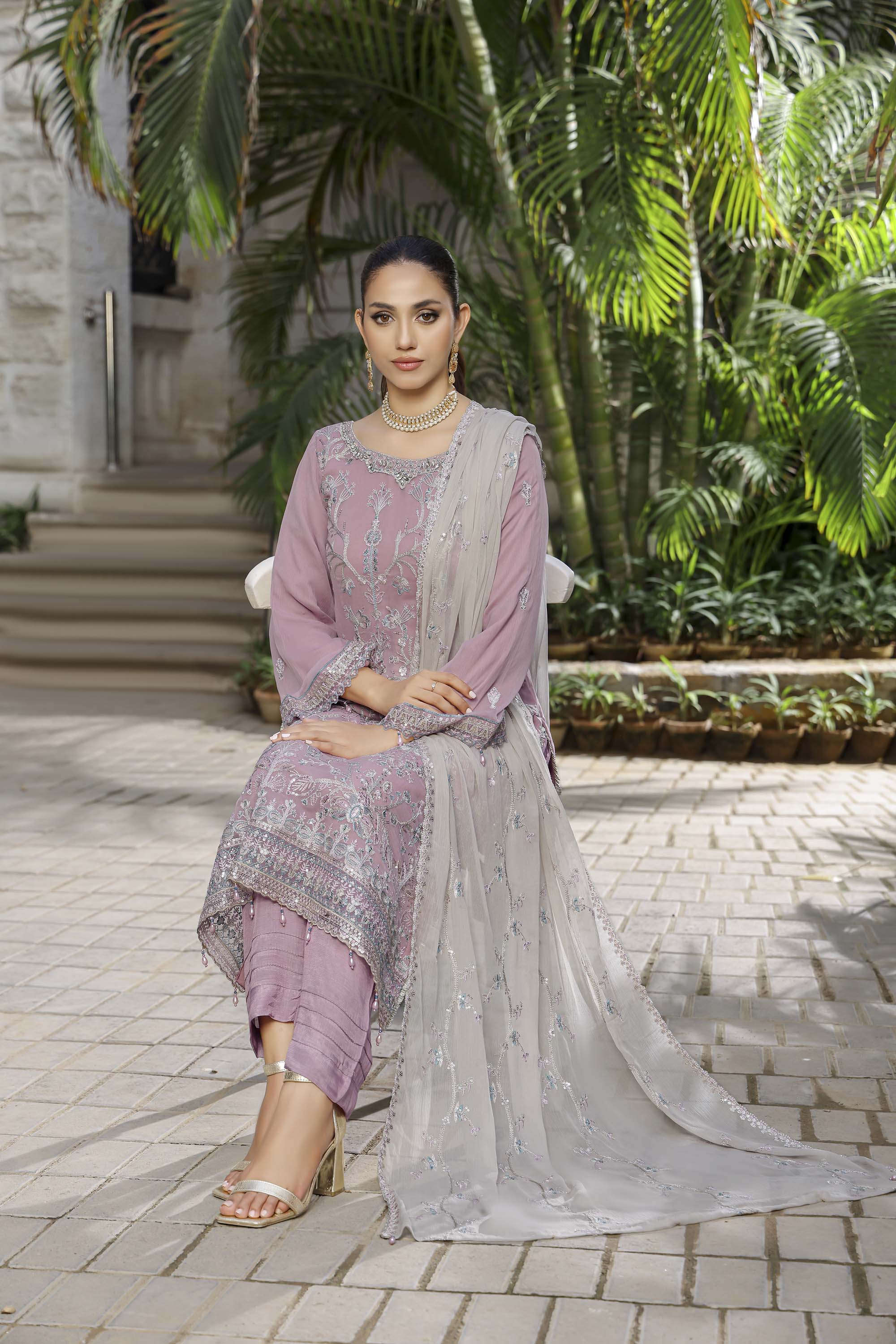 Dusty Mauve Chiffon Suit with Heavy Silver Sequin Embroidery