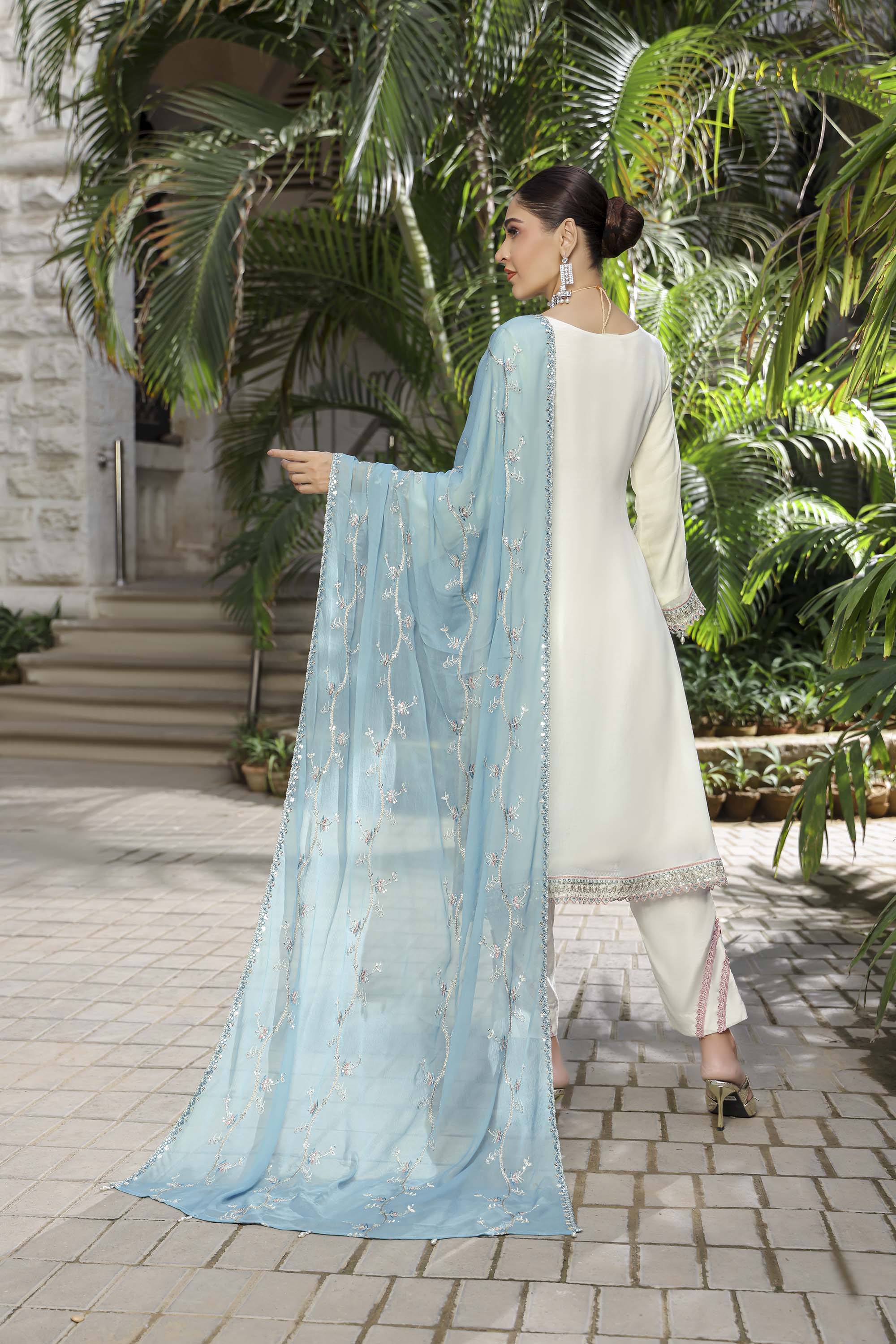 Ivory Cream Embroidered Suit with Contrasting Sky Blue Dupatta