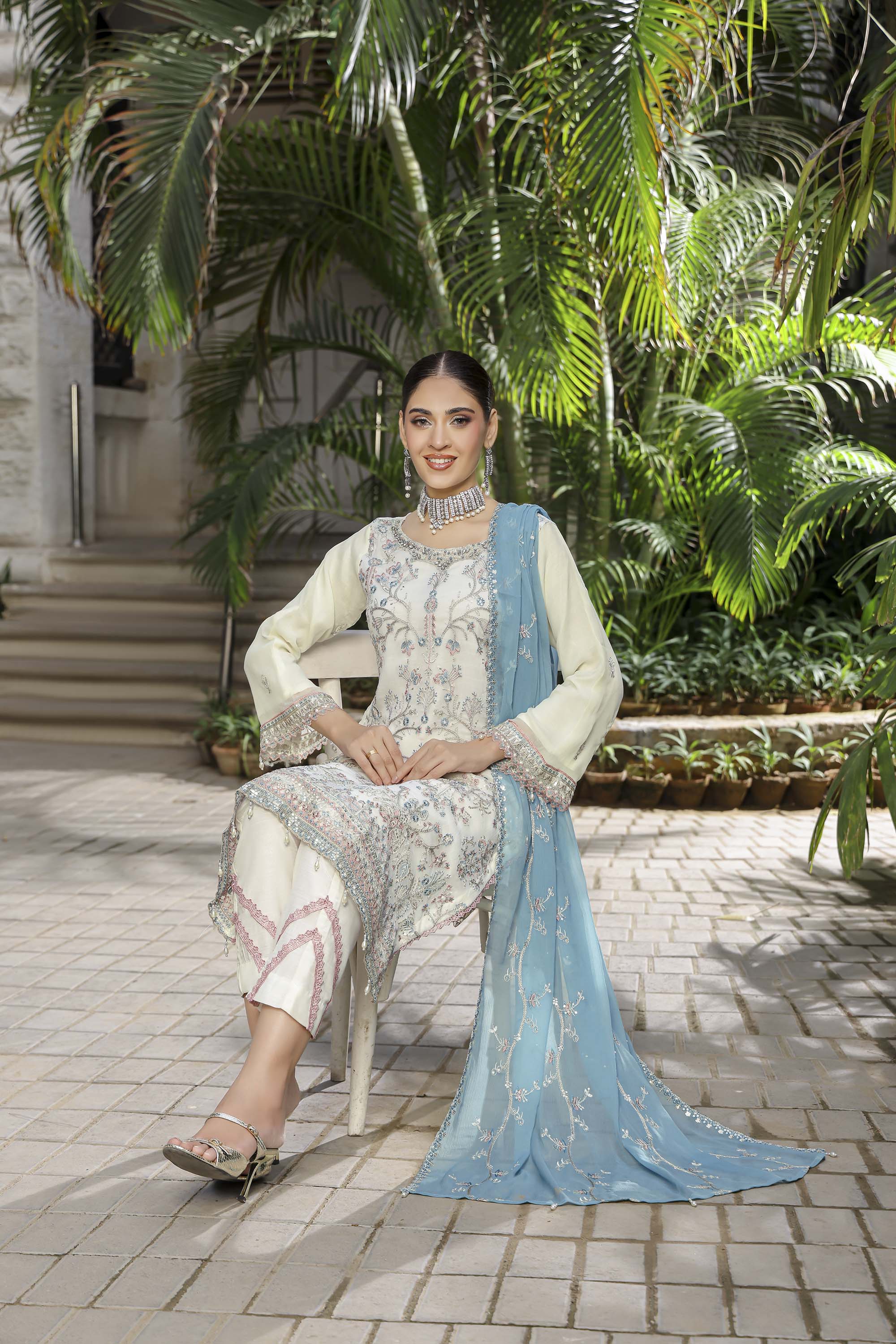 Ivory Cream Embroidered Suit with Contrasting Sky Blue Dupatta