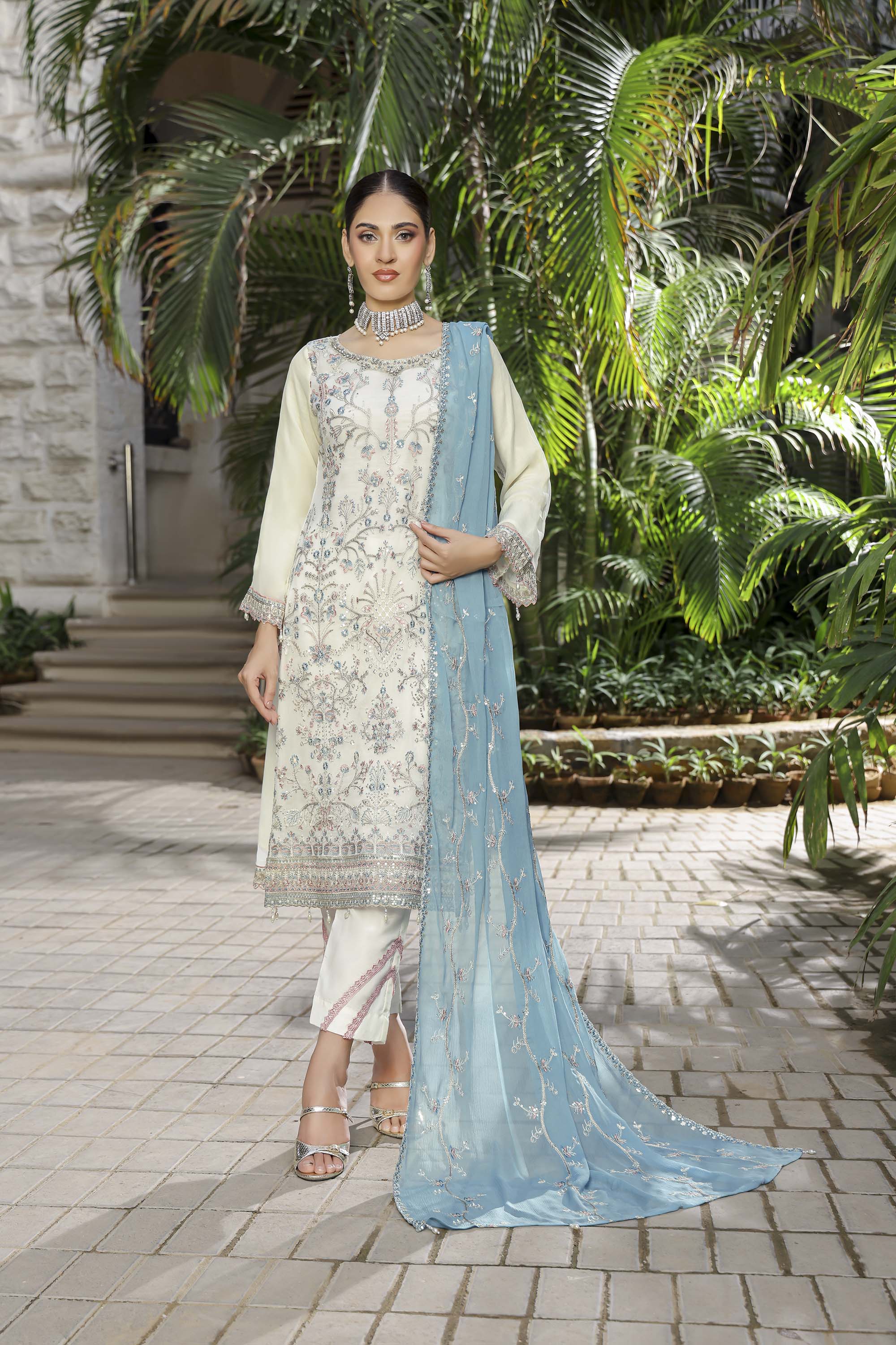 Ivory Cream Embroidered Suit with Contrasting Sky Blue Dupatta