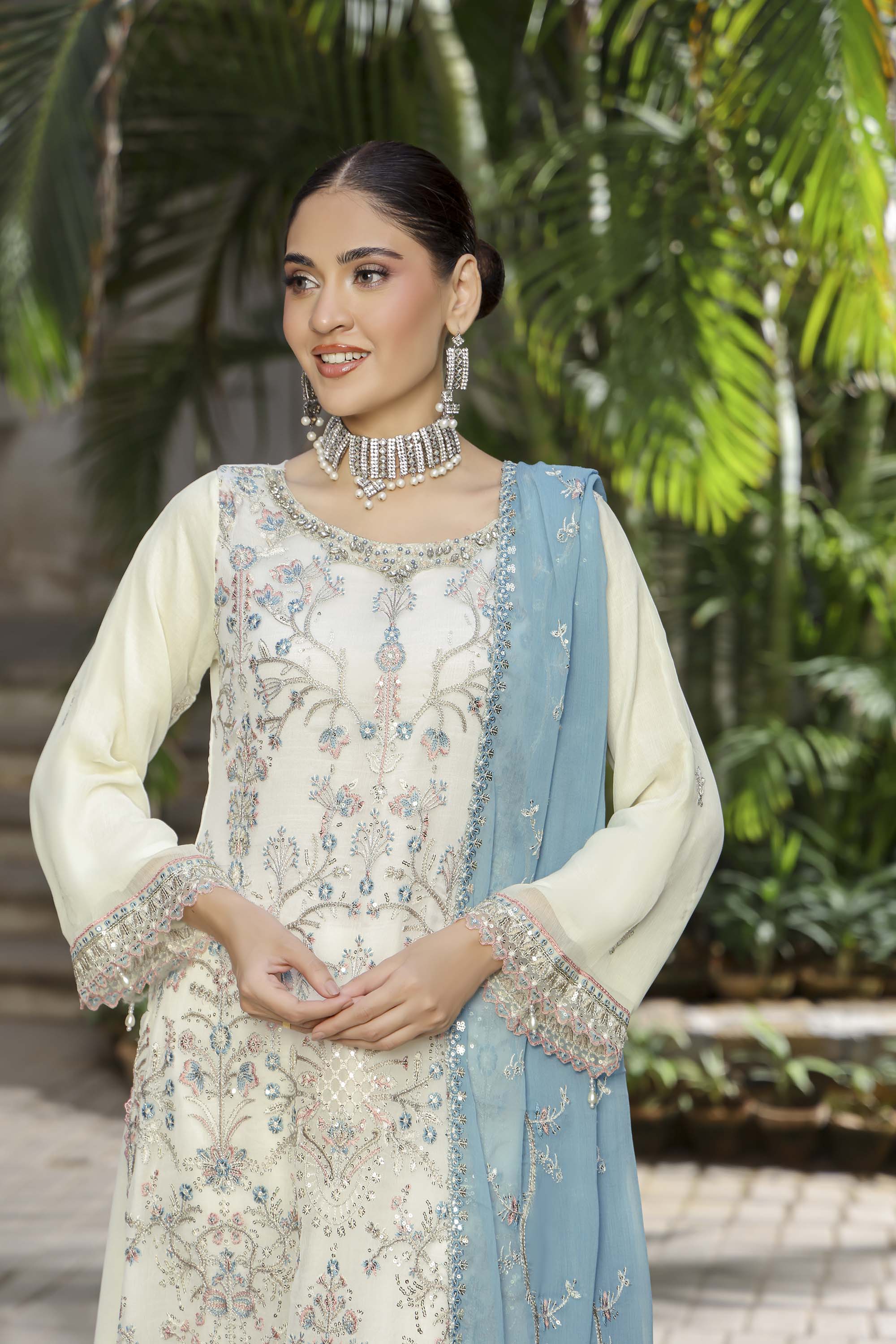 Ivory Cream Embroidered Suit with Contrasting Sky Blue Dupatta