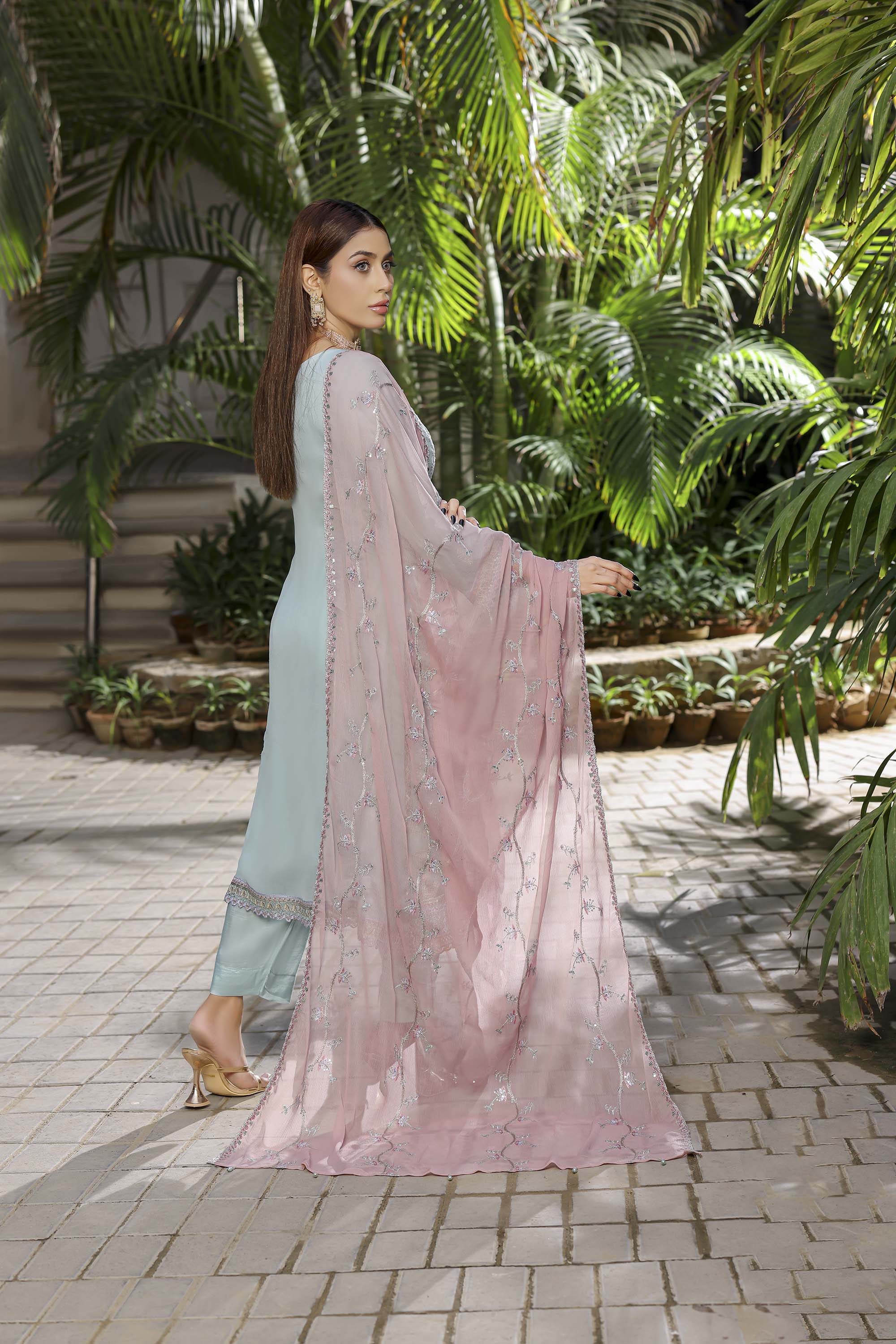 Aqua Blue Chiffon Suit with Contrasting Pink Dupatta & Heavy Embellishment