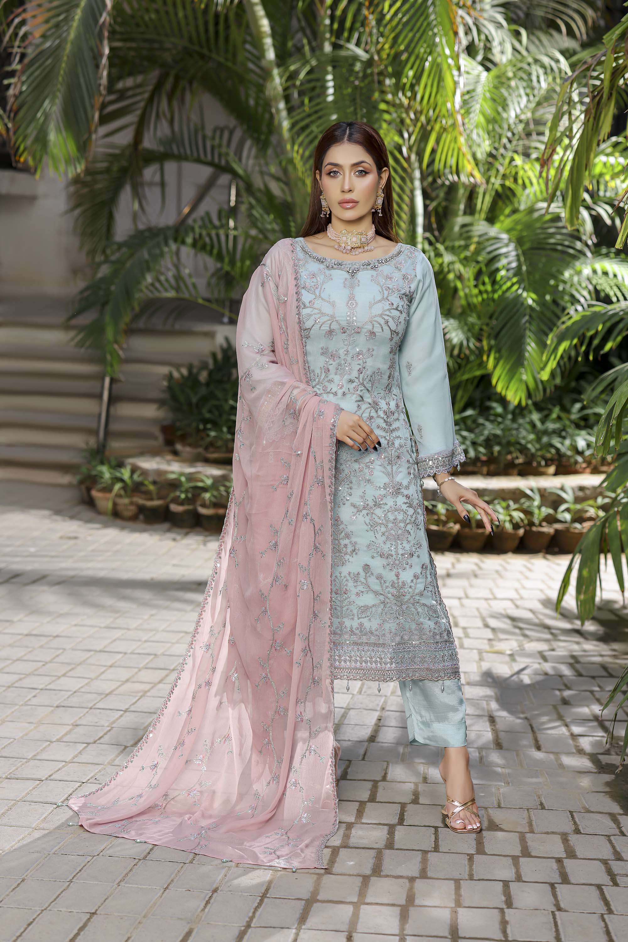 Aqua Blue Chiffon Suit with Contrasting Pink Dupatta & Heavy Embellishment